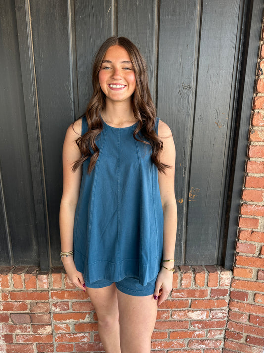 Teal Contrast TopStitch Sleeveless Swing Top