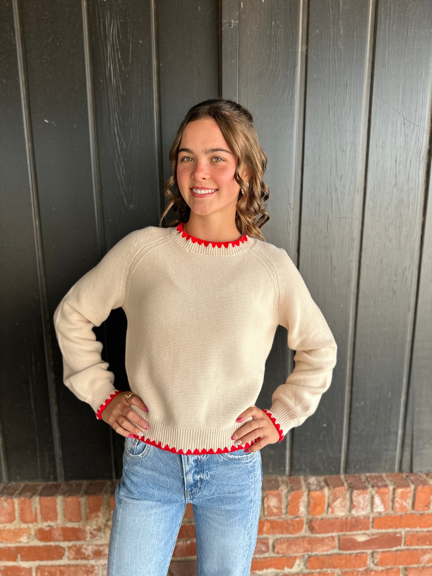 Almond Red Long Puff Sleeve Sweater with Contrast Stitch