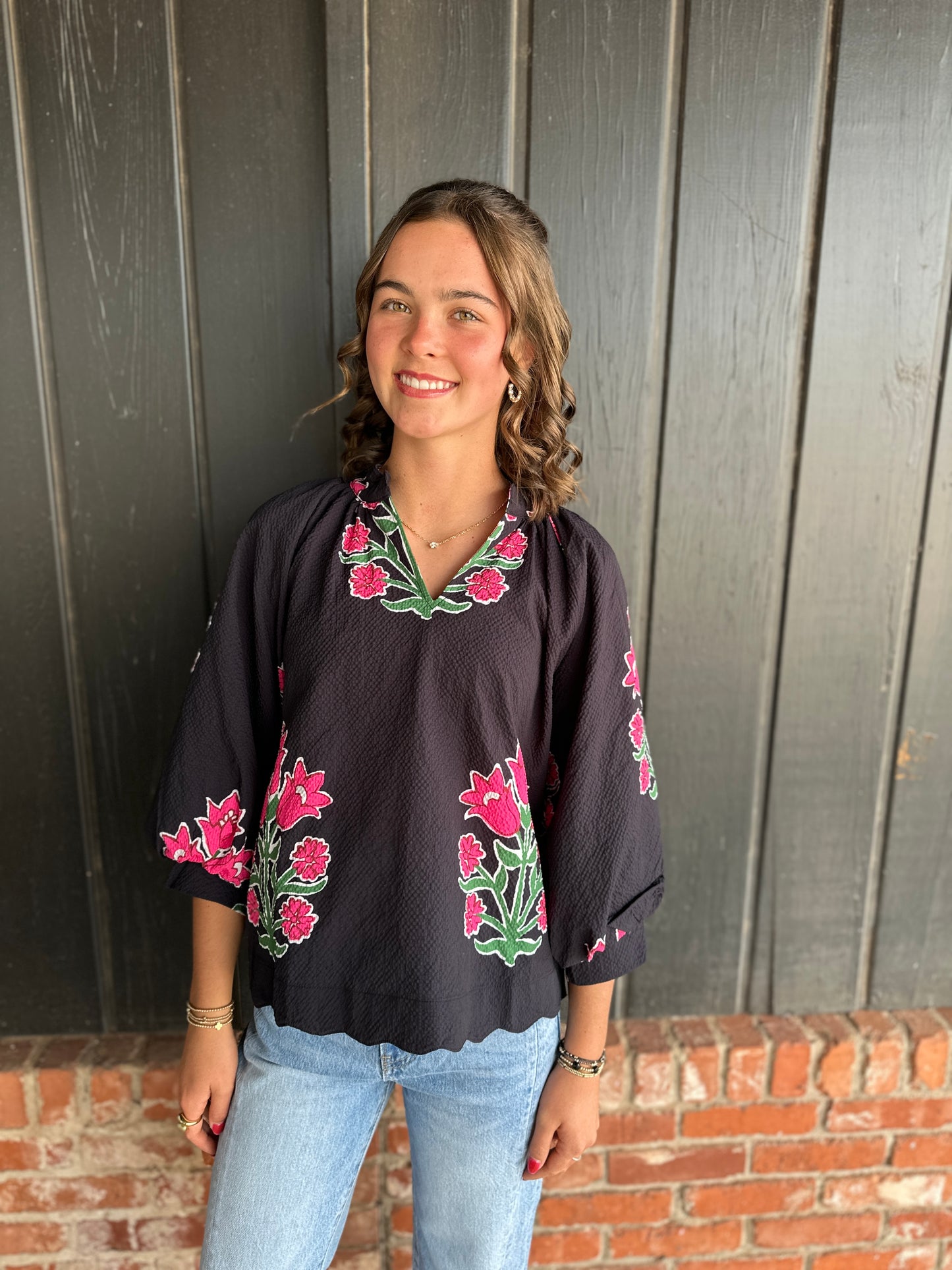 Black Bubble Sleeve Tulip Print Top