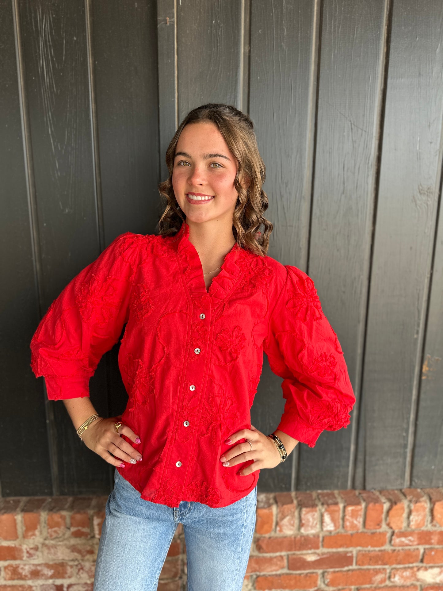 Tomato Red Textured Floral Top