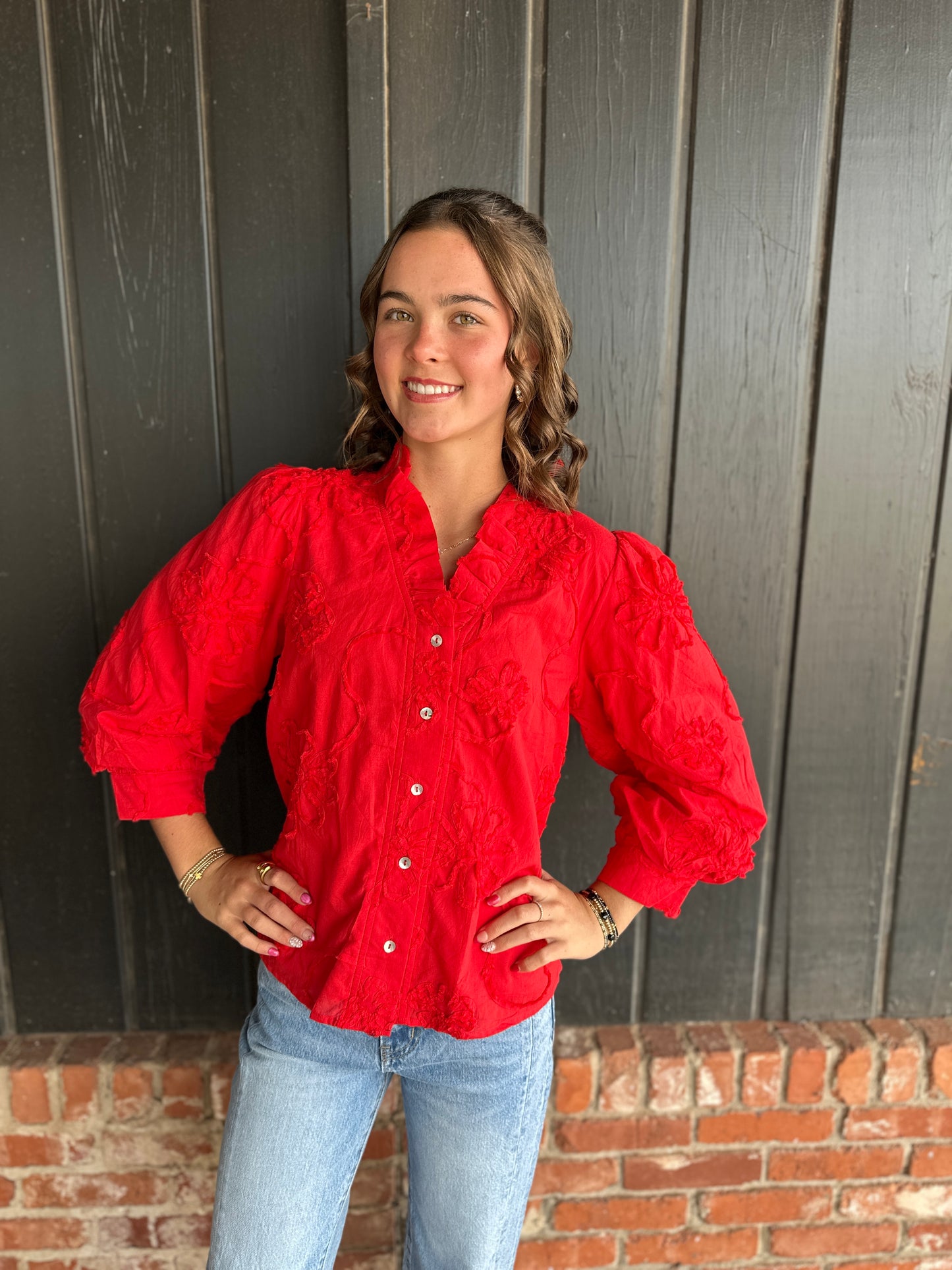 Tomato Red Textured Floral Top