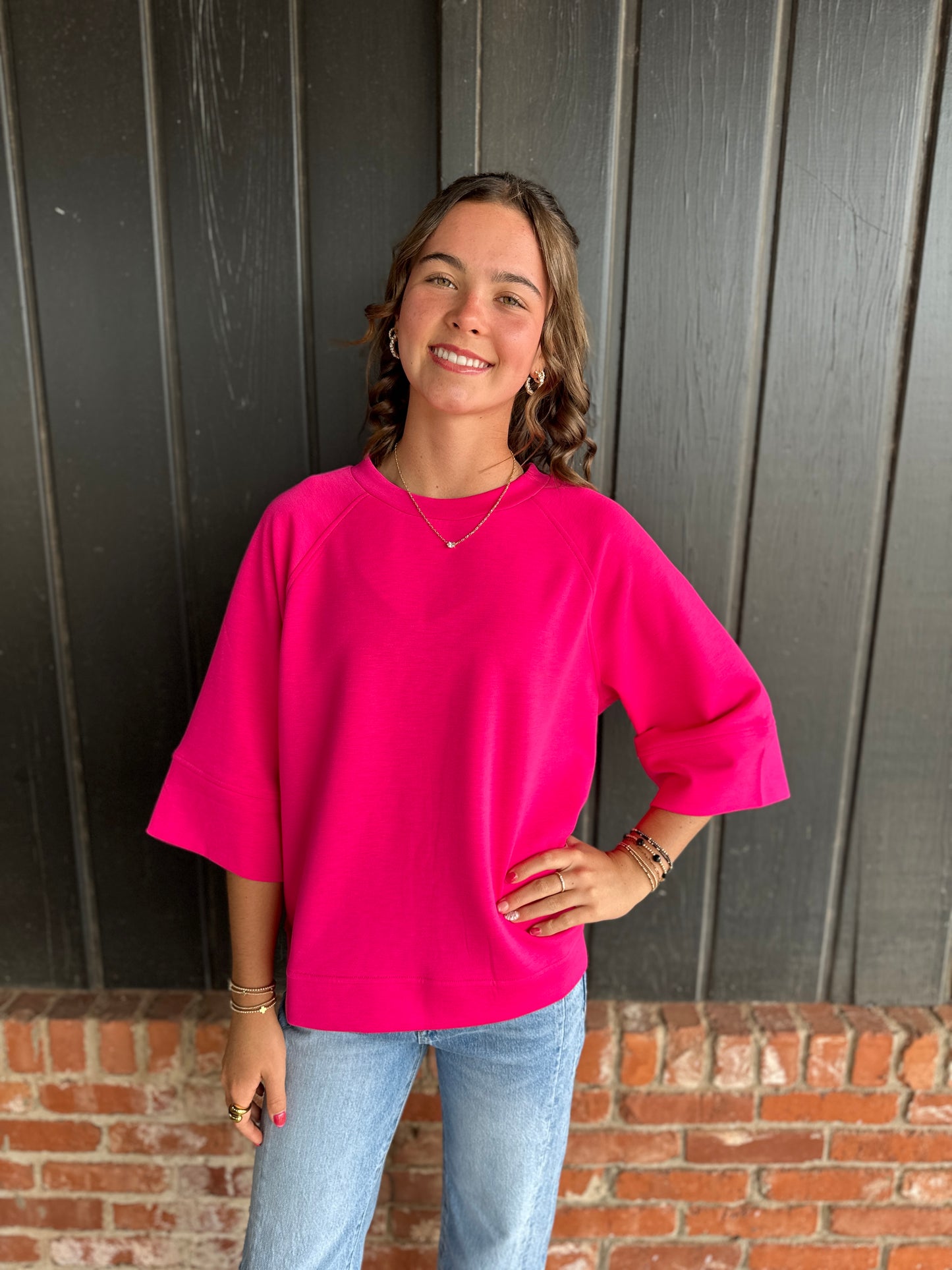 Bright Pink 3/4 sleeve Scuba Top