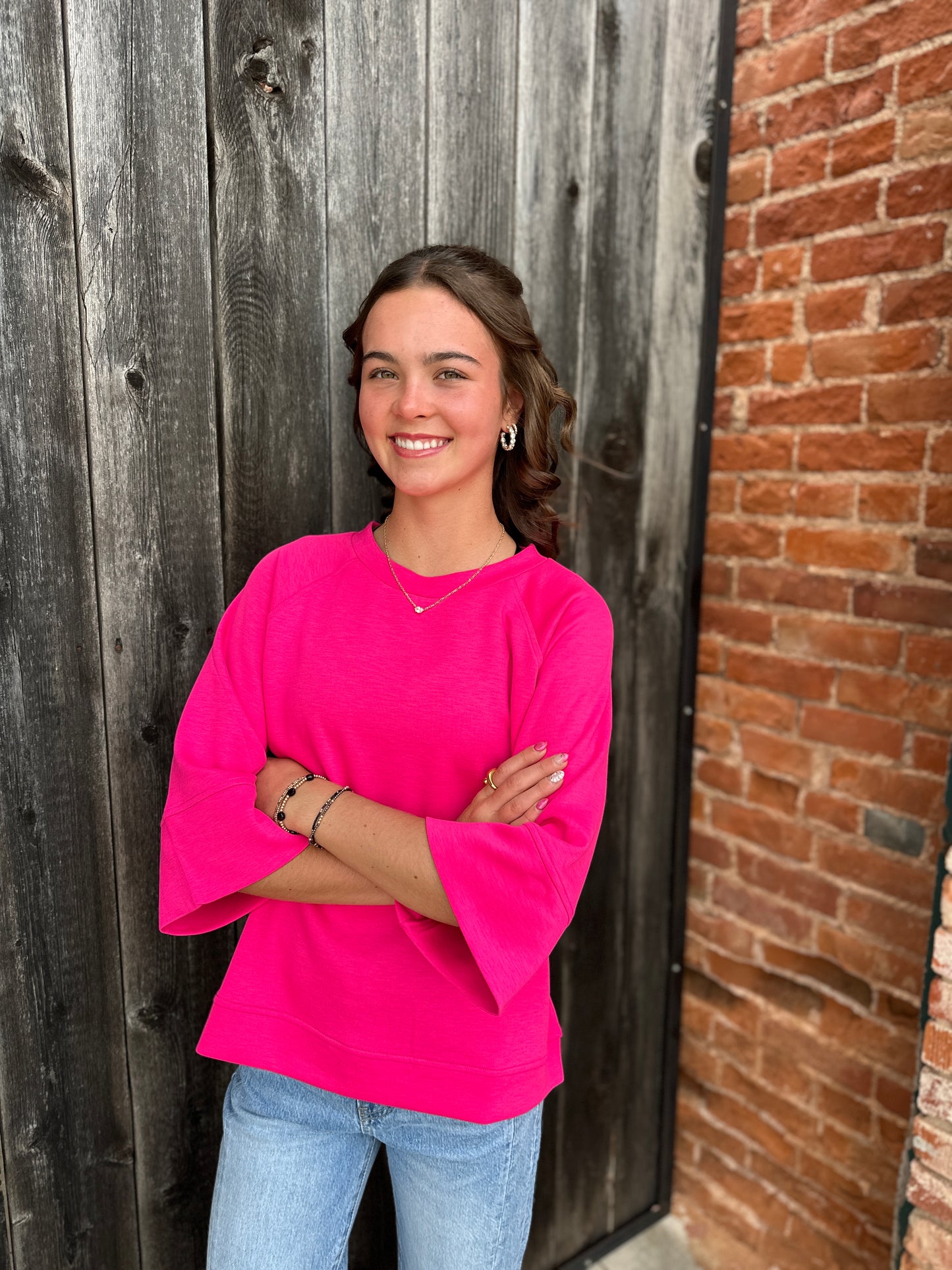 Bright Pink 3/4 sleeve Scuba Top