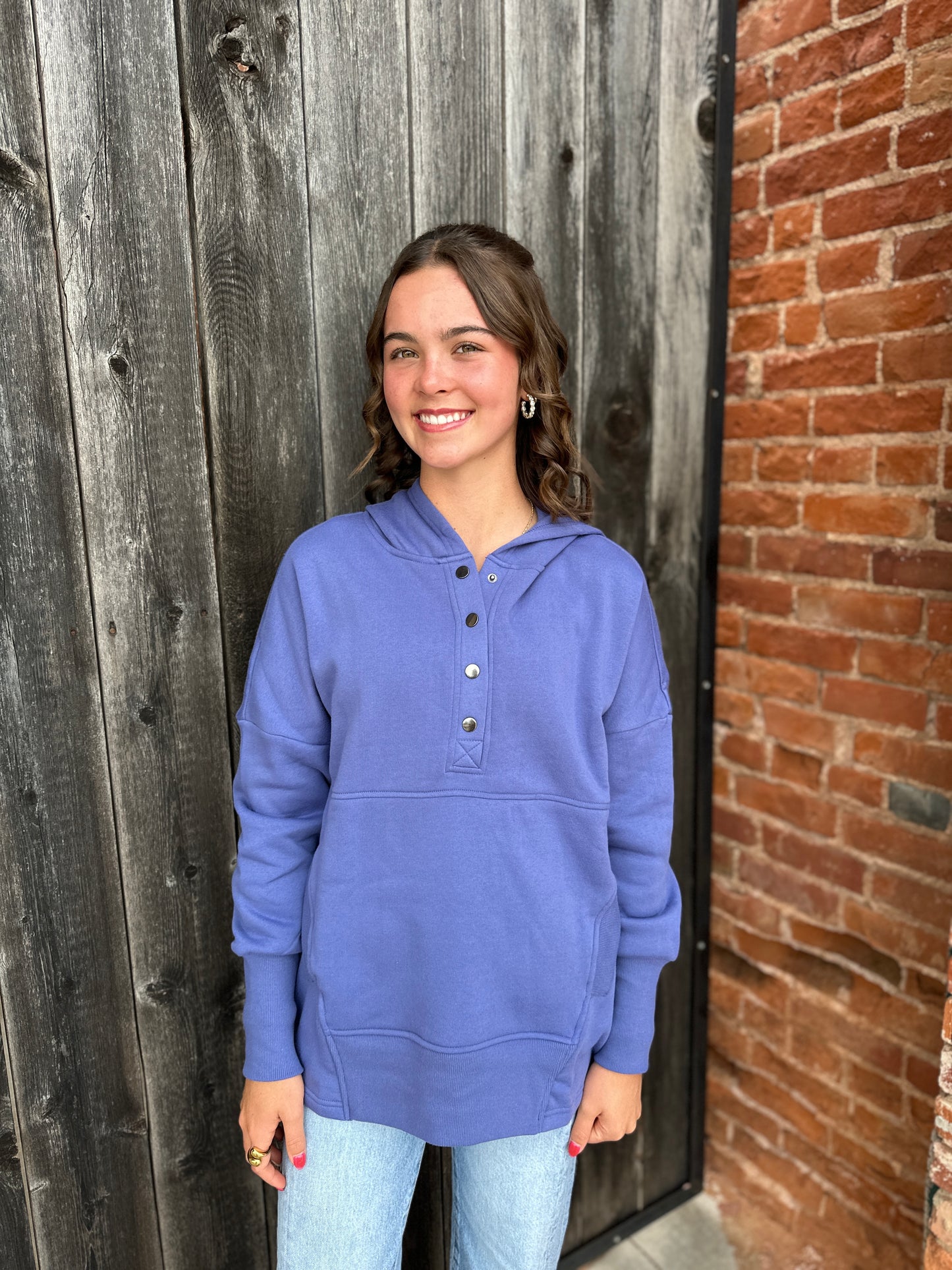 Periwinkle Half Snap Button Hooded Sweatshirt