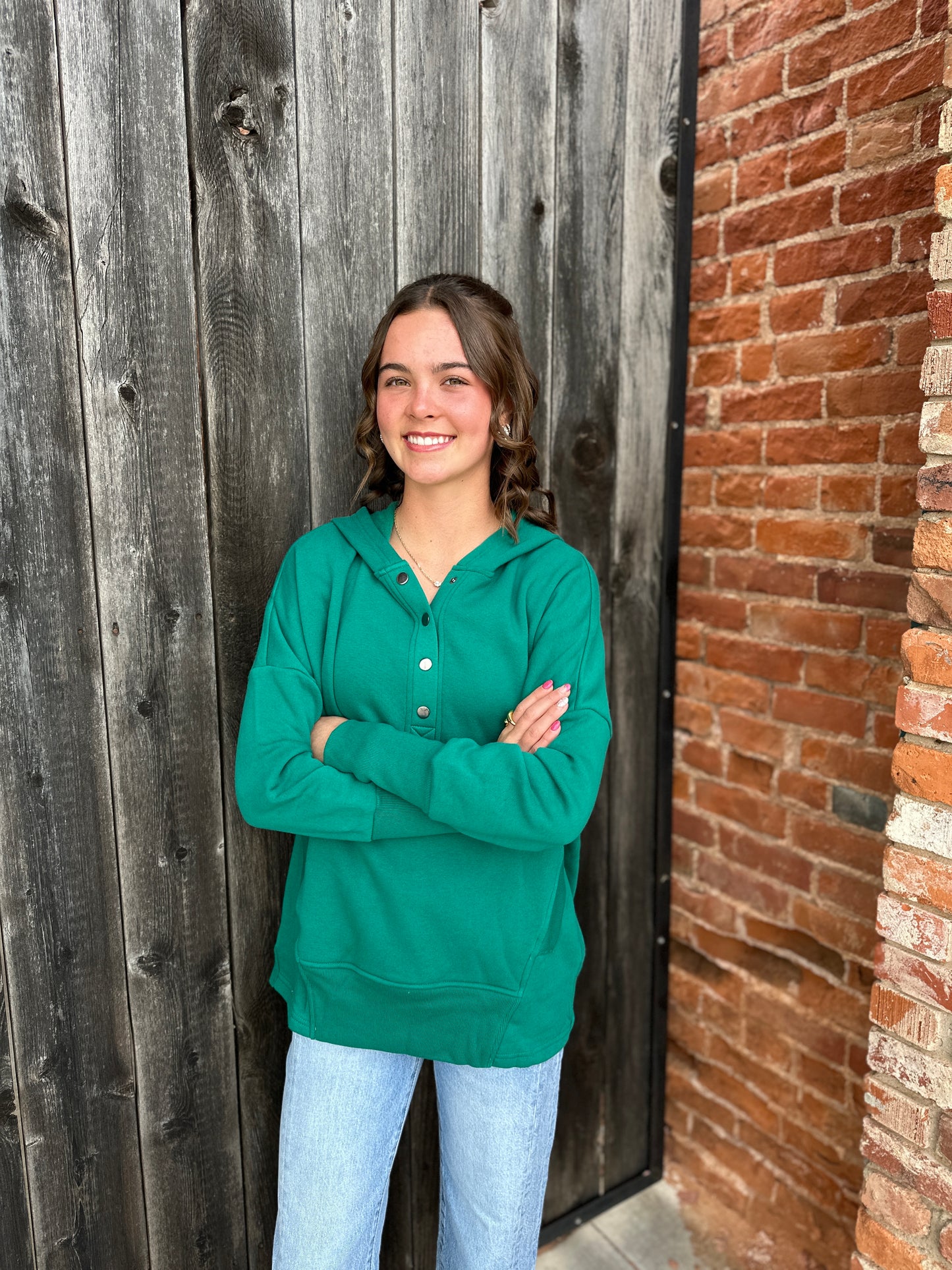 Green Half Zip Button Hooded Sweatshirt