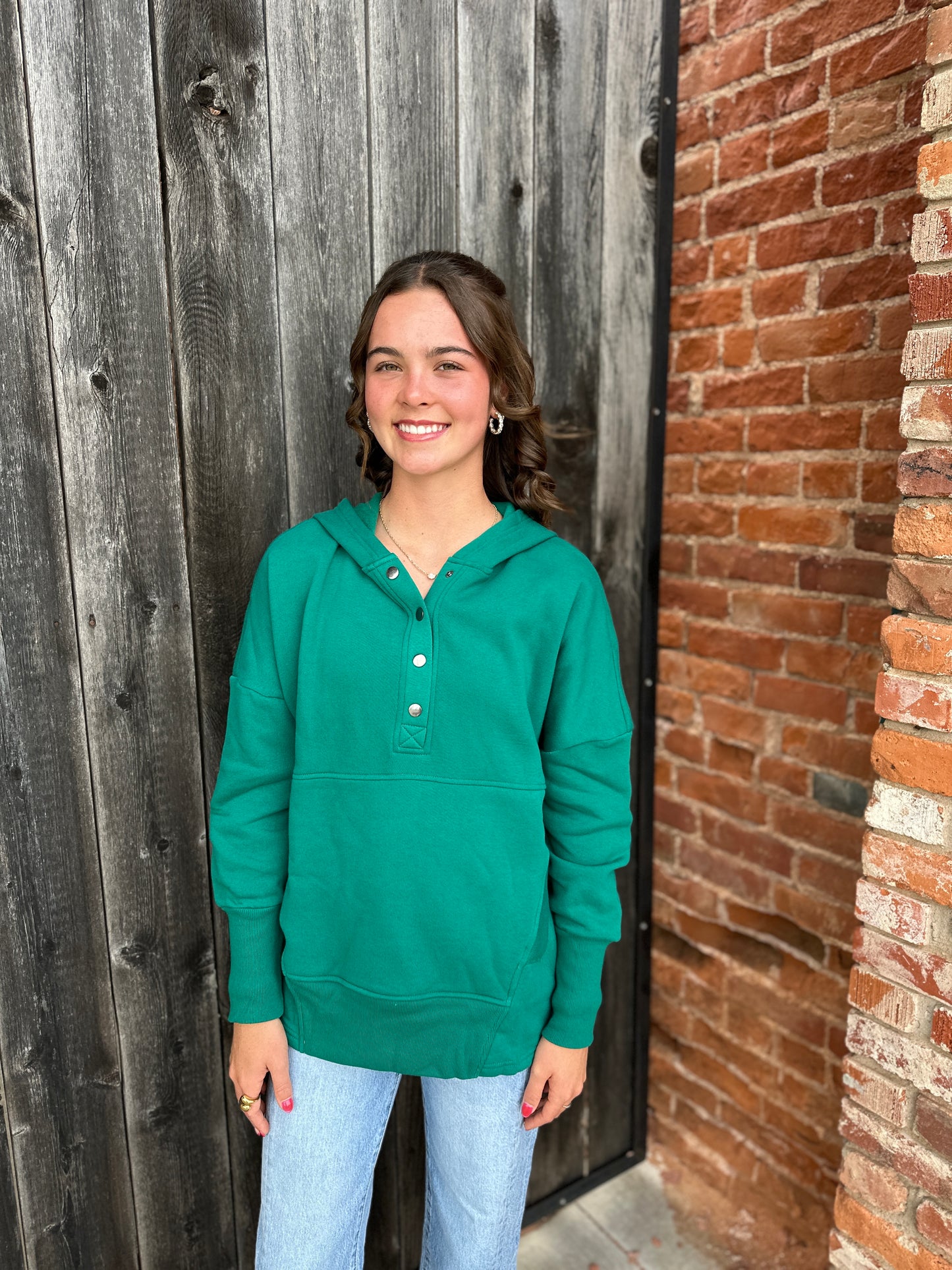 Green Half Zip Button Hooded Sweatshirt