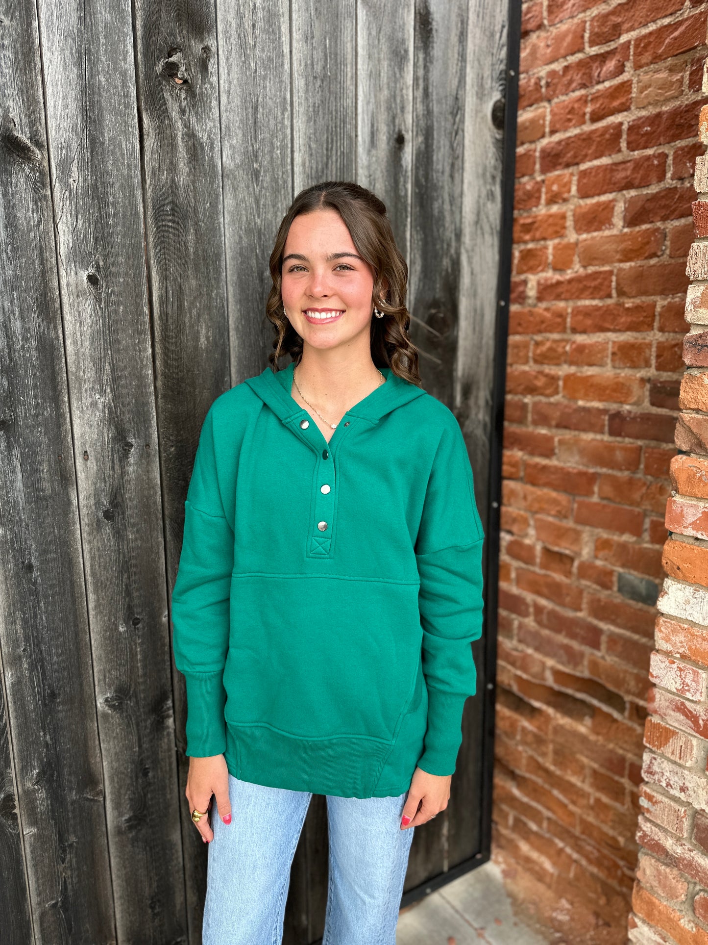 Green Half Zip Button Hooded Sweatshirt