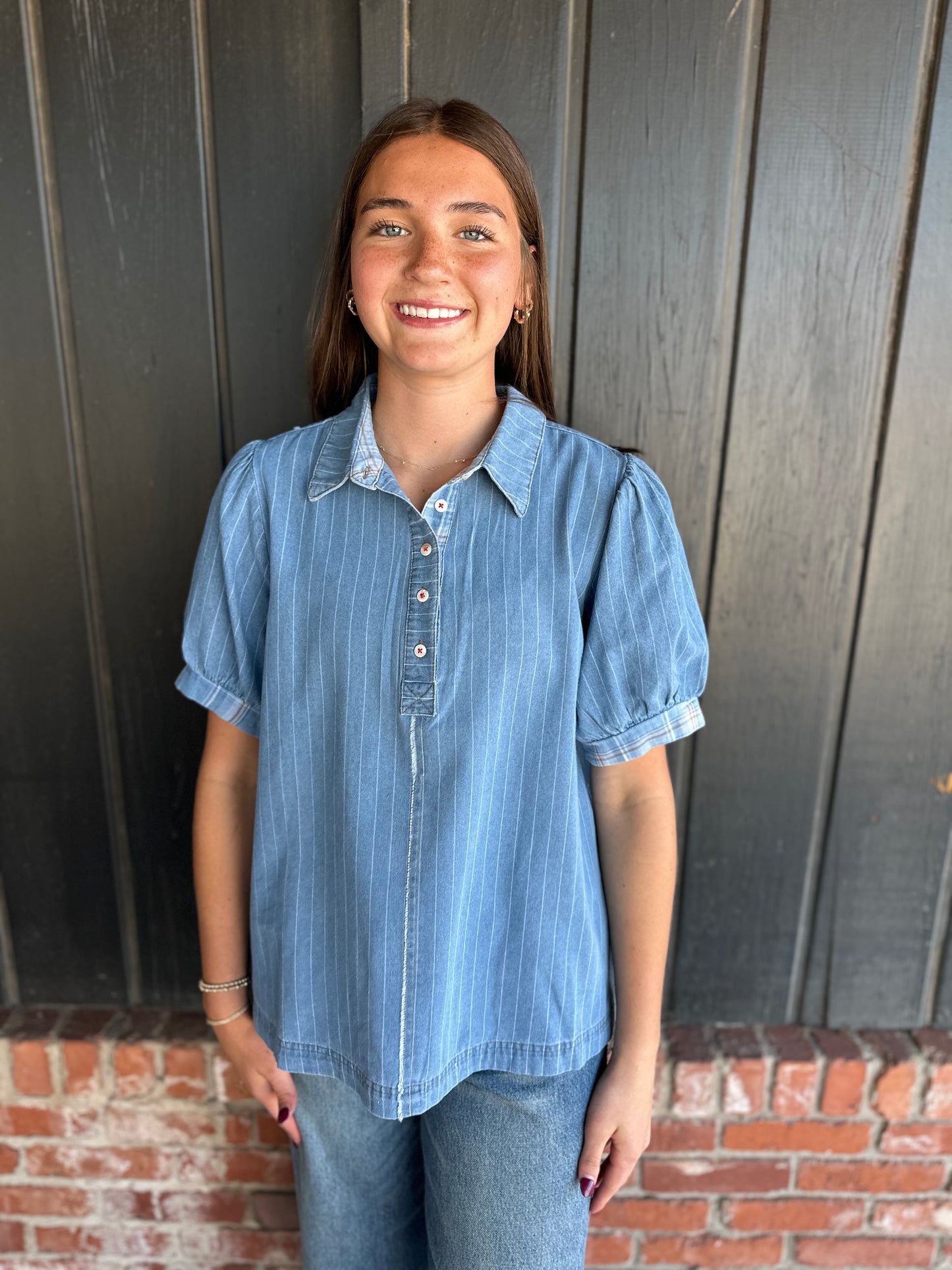 Light Denim Pinstripe Puff Sleeve Button Front Top