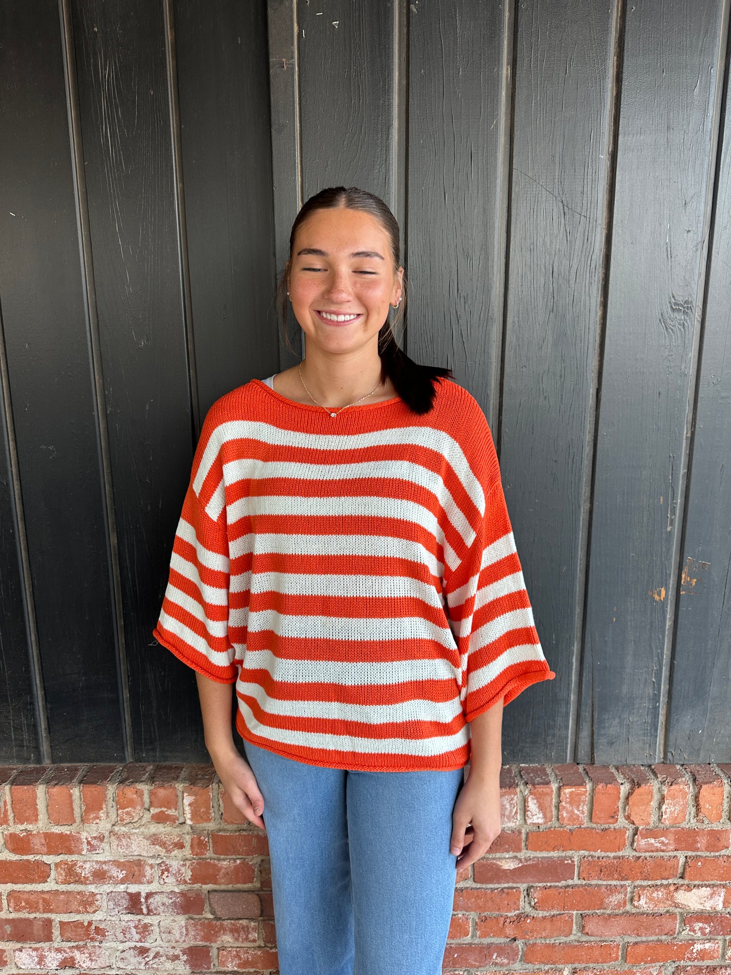 Orange Striped Boatneck Short Sleeve Knitted Sweater