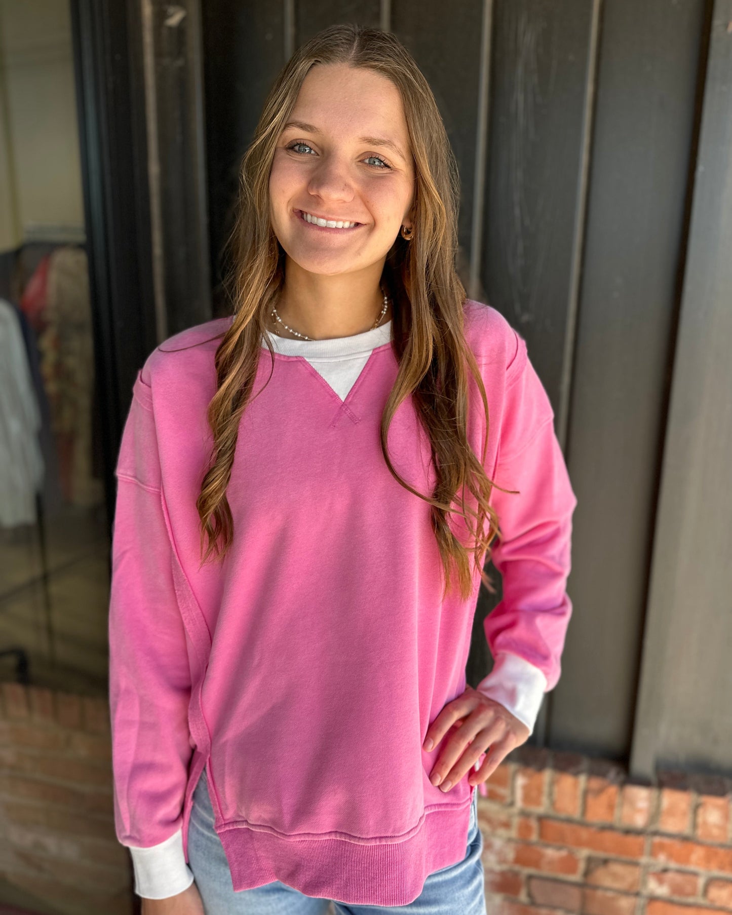 Pink Color Block Snow Wash Oversized Sweatshirt