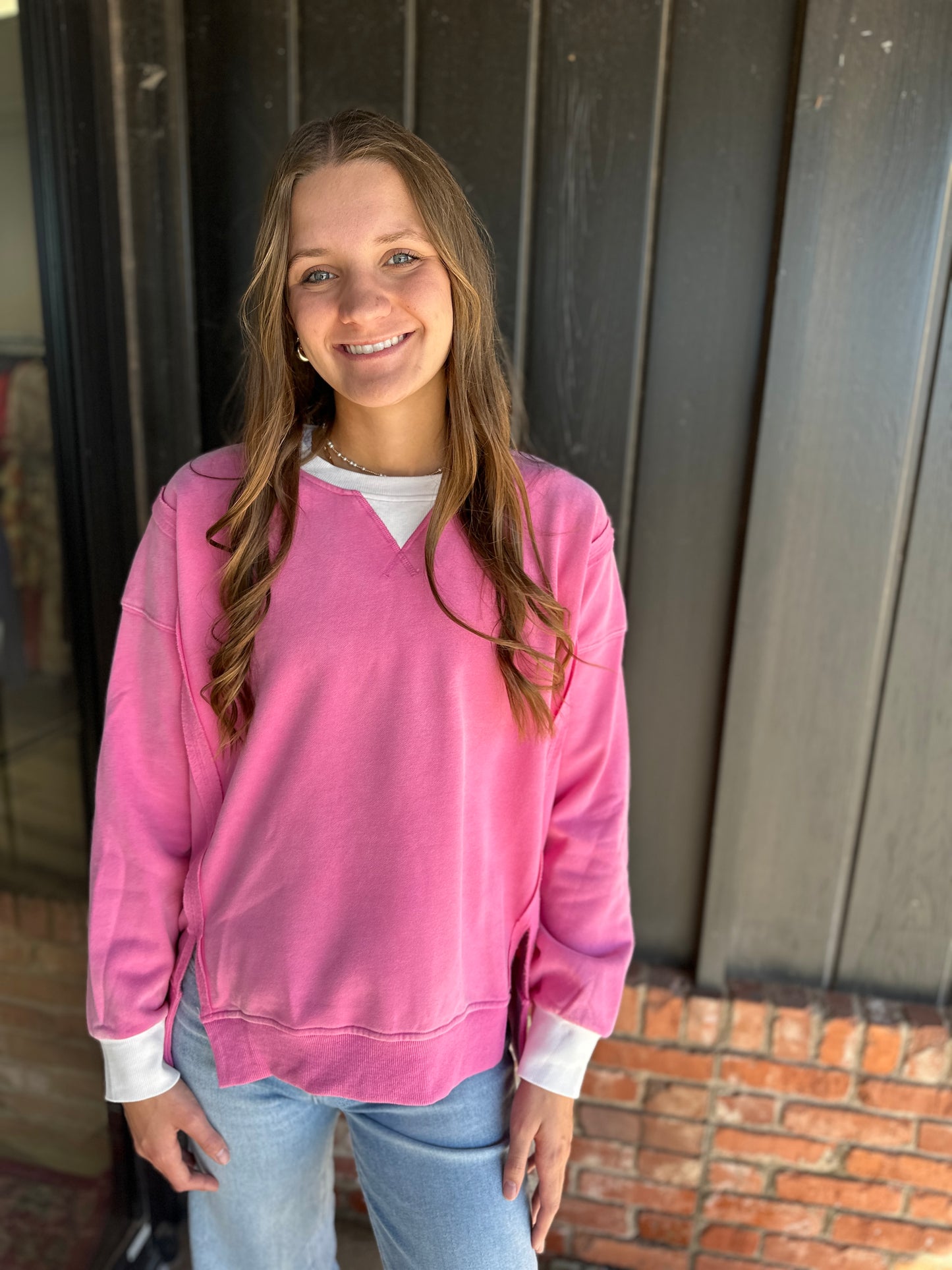 Pink Color Block Snow Wash Oversized Sweatshirt