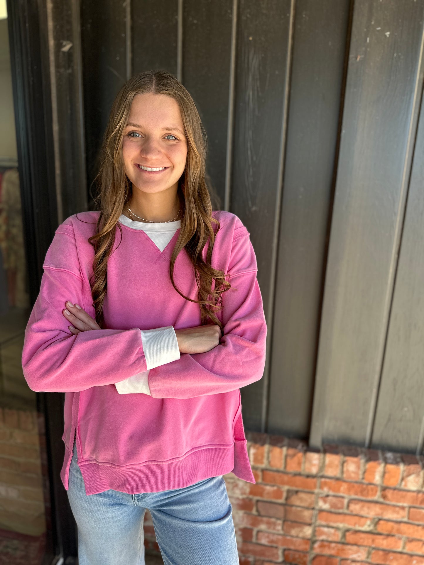 Pink Color Block Snow Wash Oversized Sweatshirt
