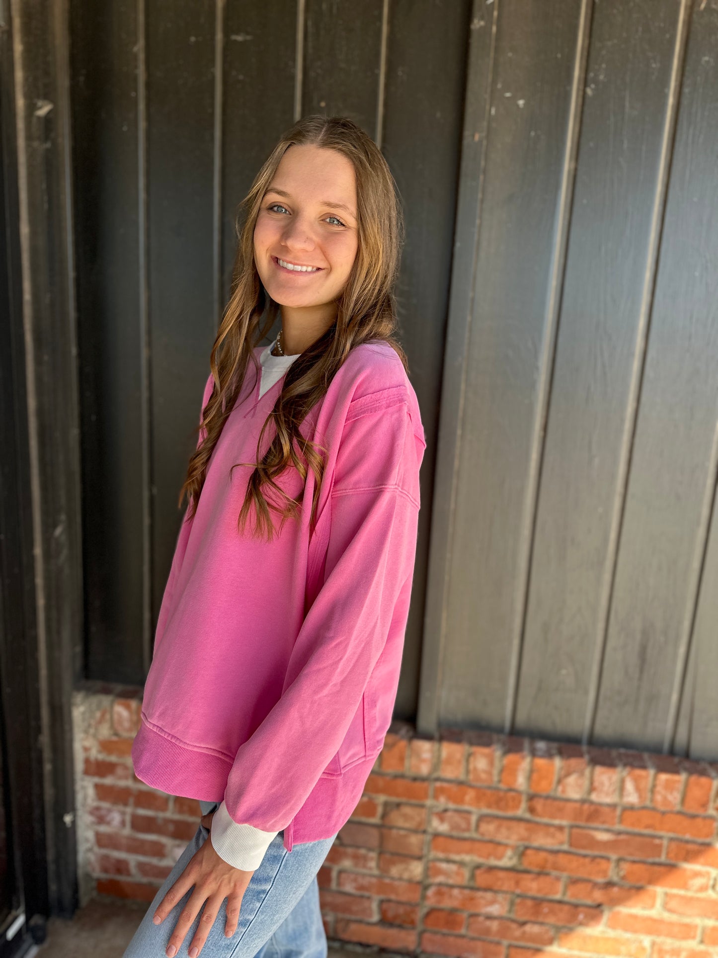 Pink Color Block Snow Wash Oversized Sweatshirt