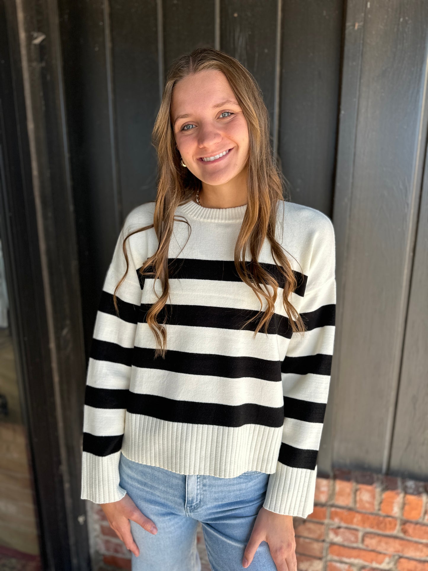 Black and Cream Striped Crew Neck Sweater