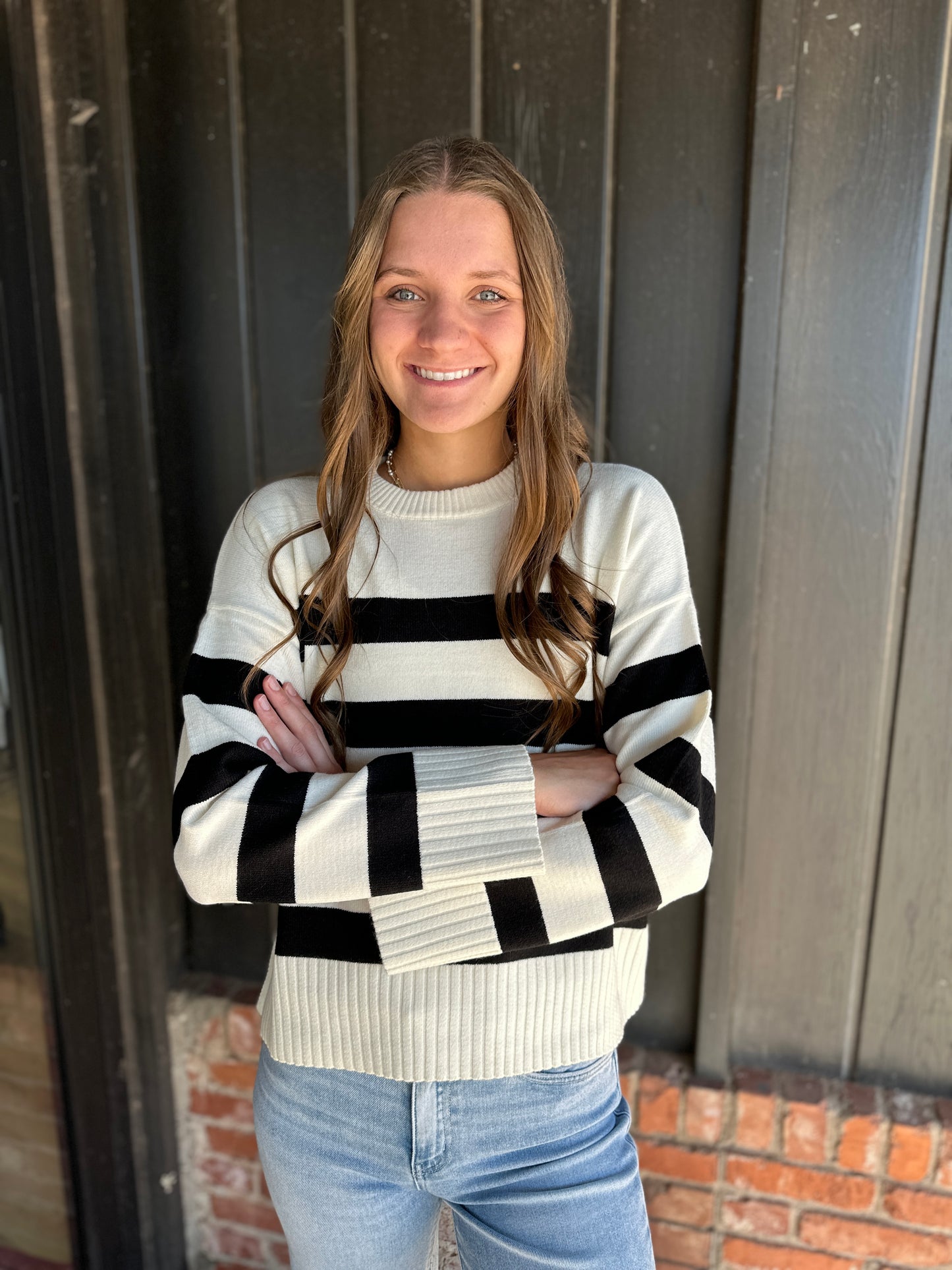 Black and Cream Striped Crew Neck Sweater