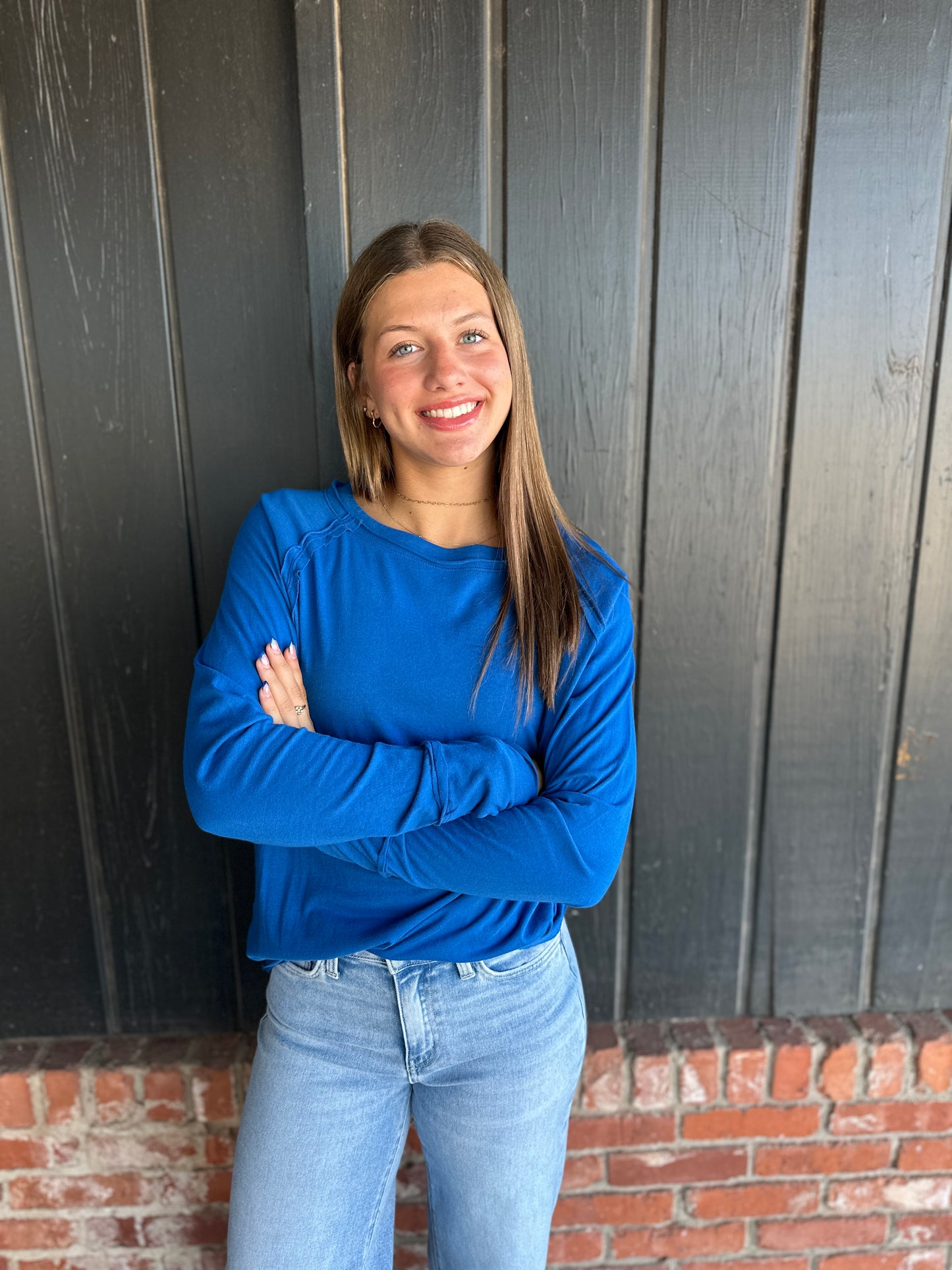Blue Raglan Sleeve Long Sleeve top