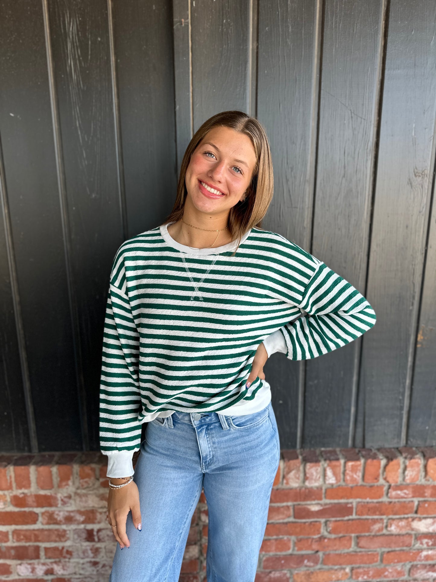 Green & White Stripe Pullover