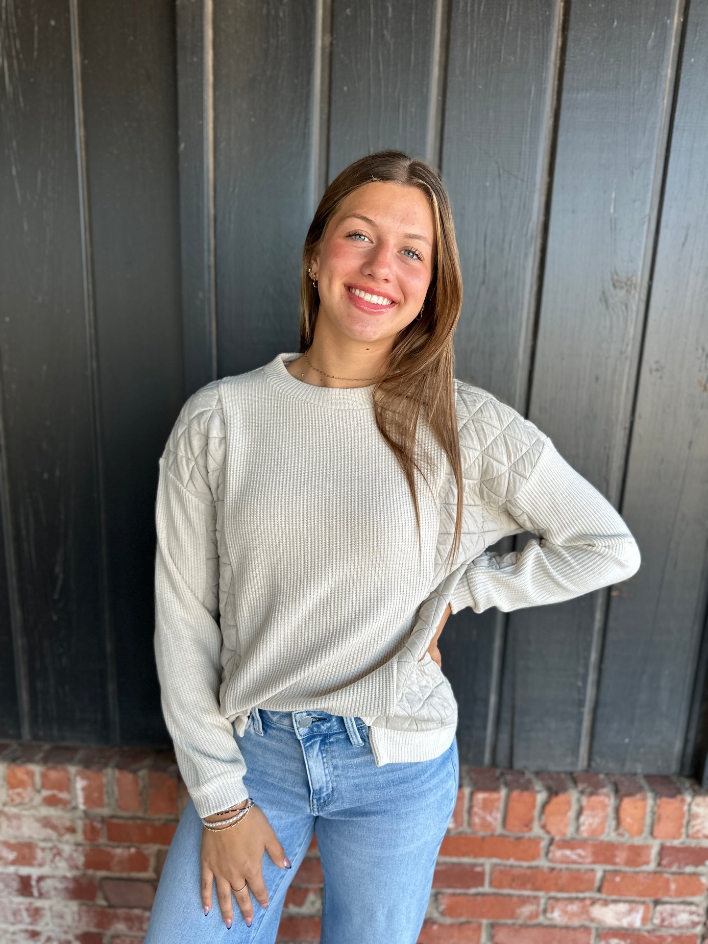Ecru Mixed Fabric Crew Neck