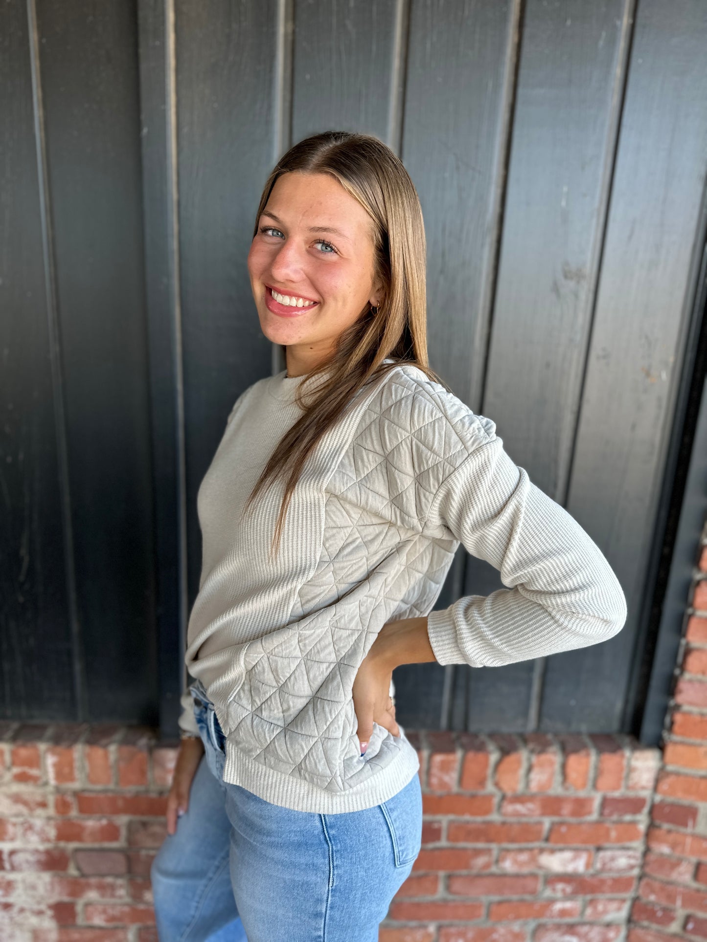 Ecru Mixed Fabric Crew Neck