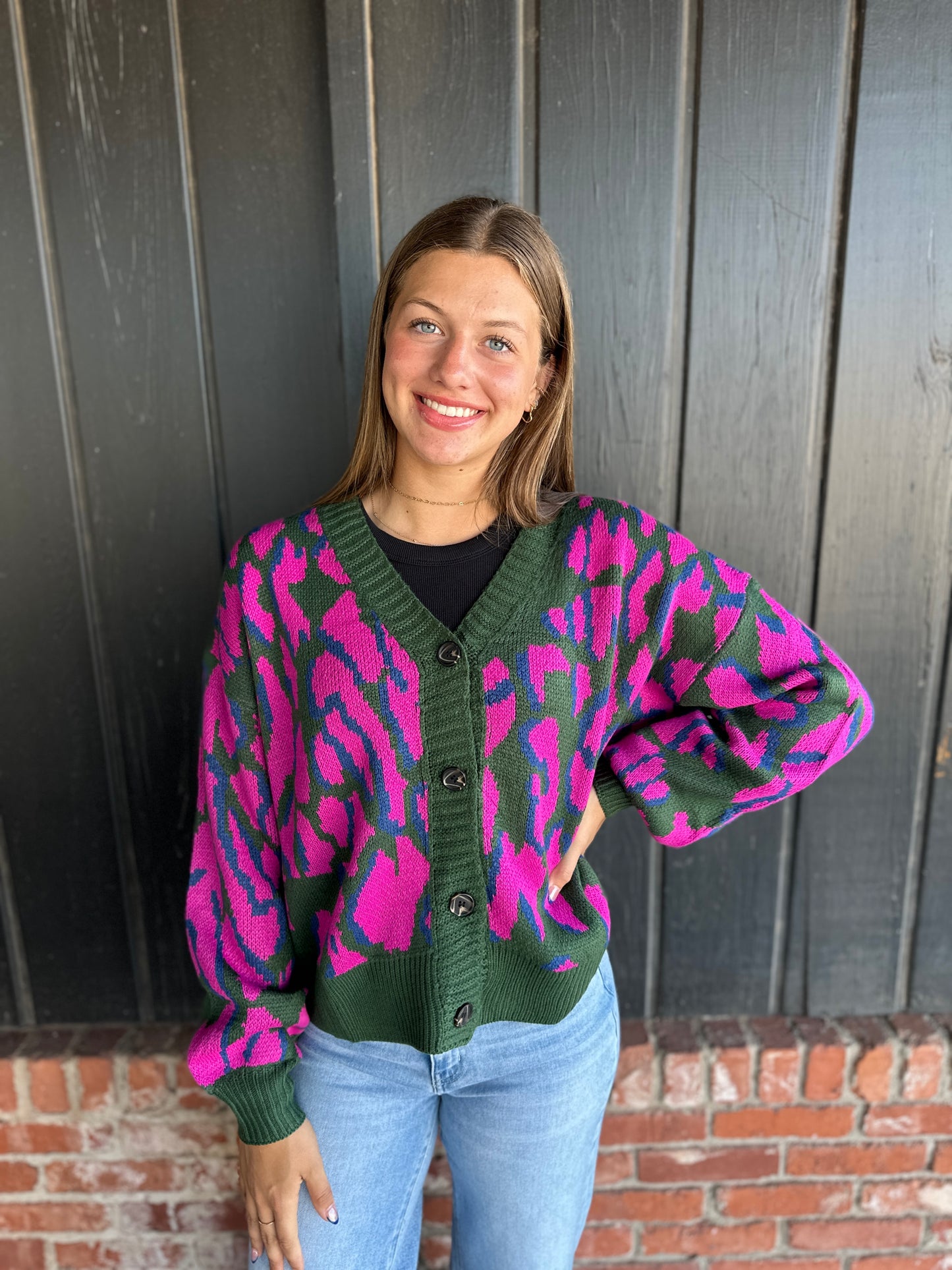 Hunter Green Animal Print Button Down Cardigan