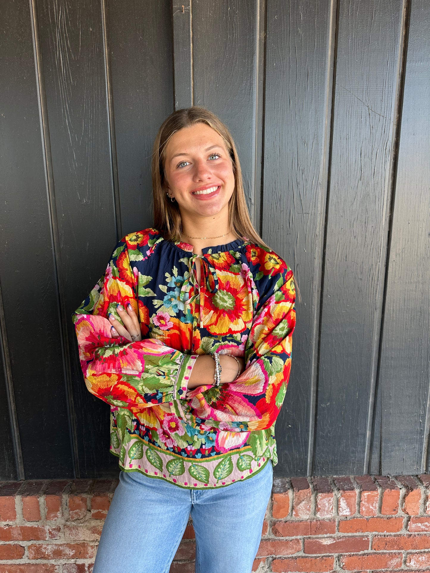 Navy Floral Border Printed Blouse