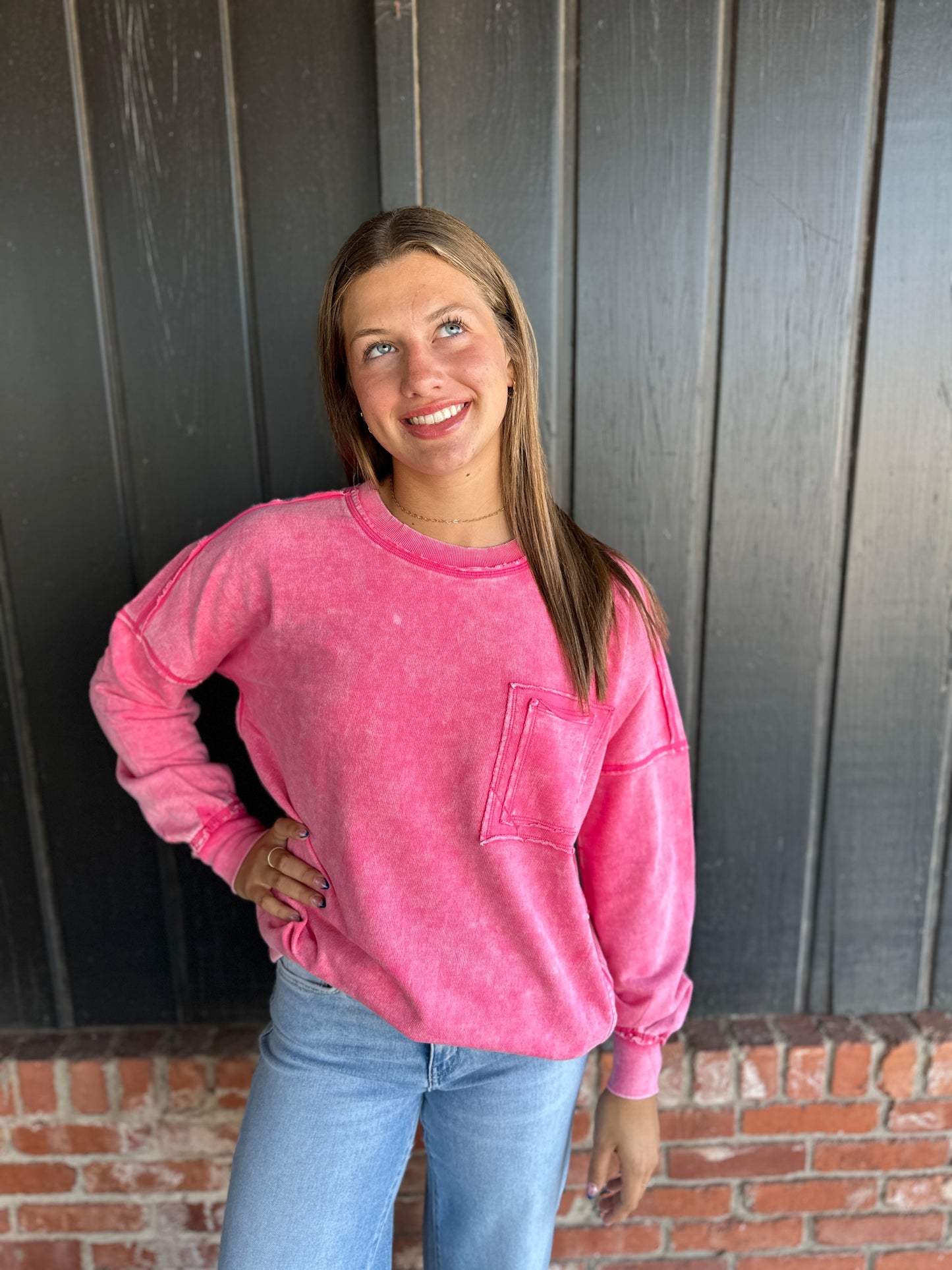 Pink Acid Wash Raw Edge Oversized Pullover
