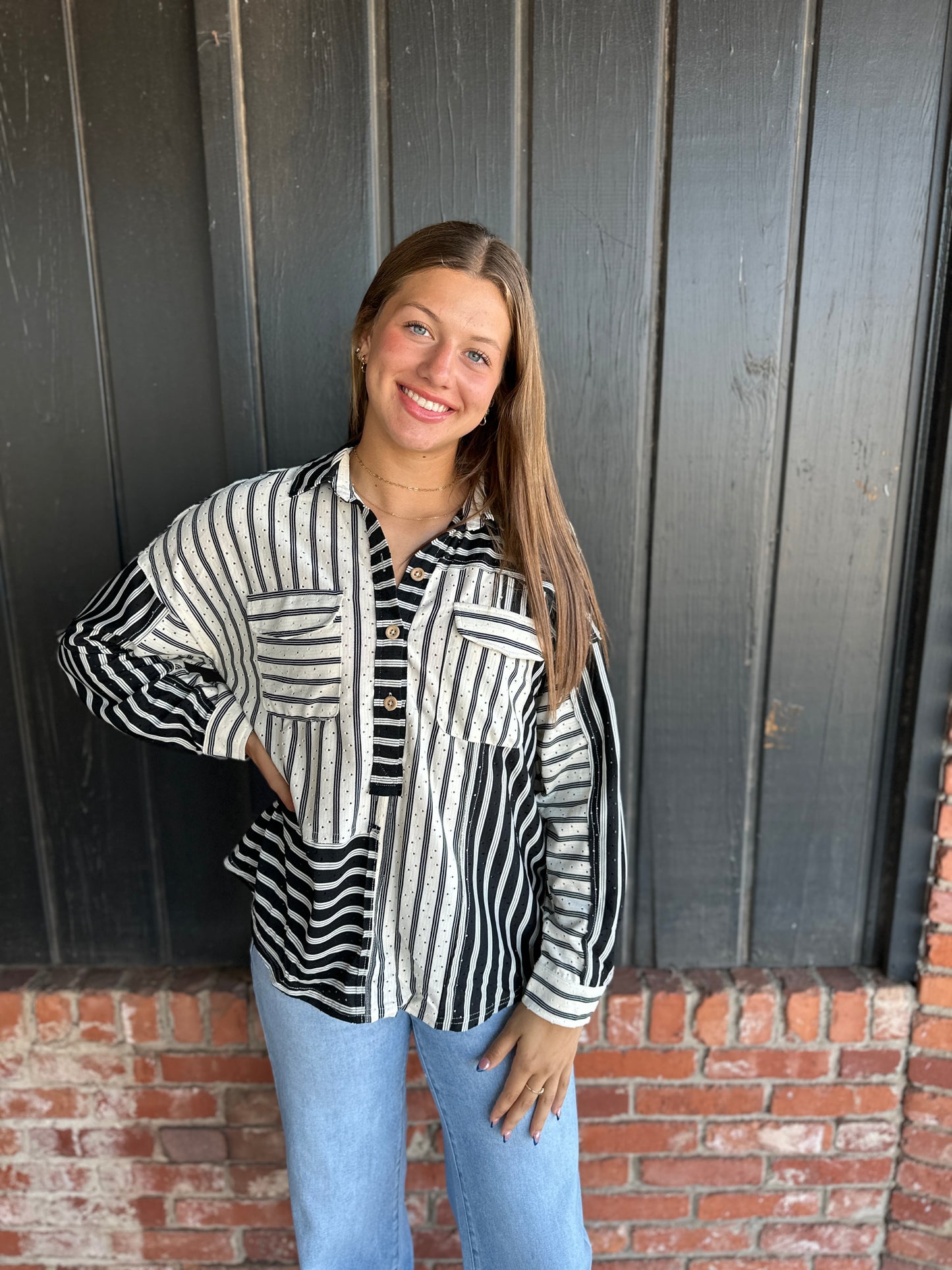 Black Striped Collared Top