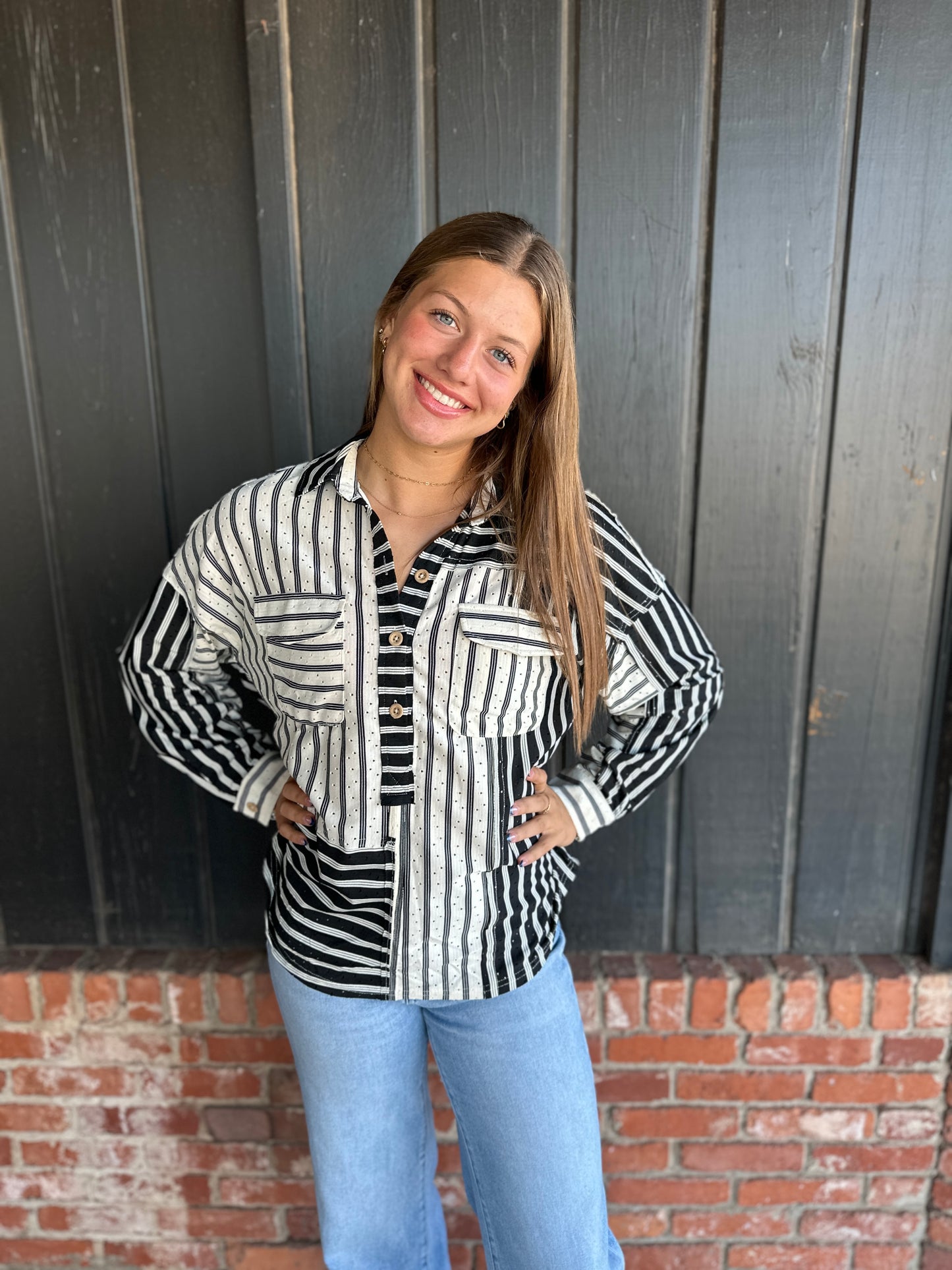Black Striped Collared Top
