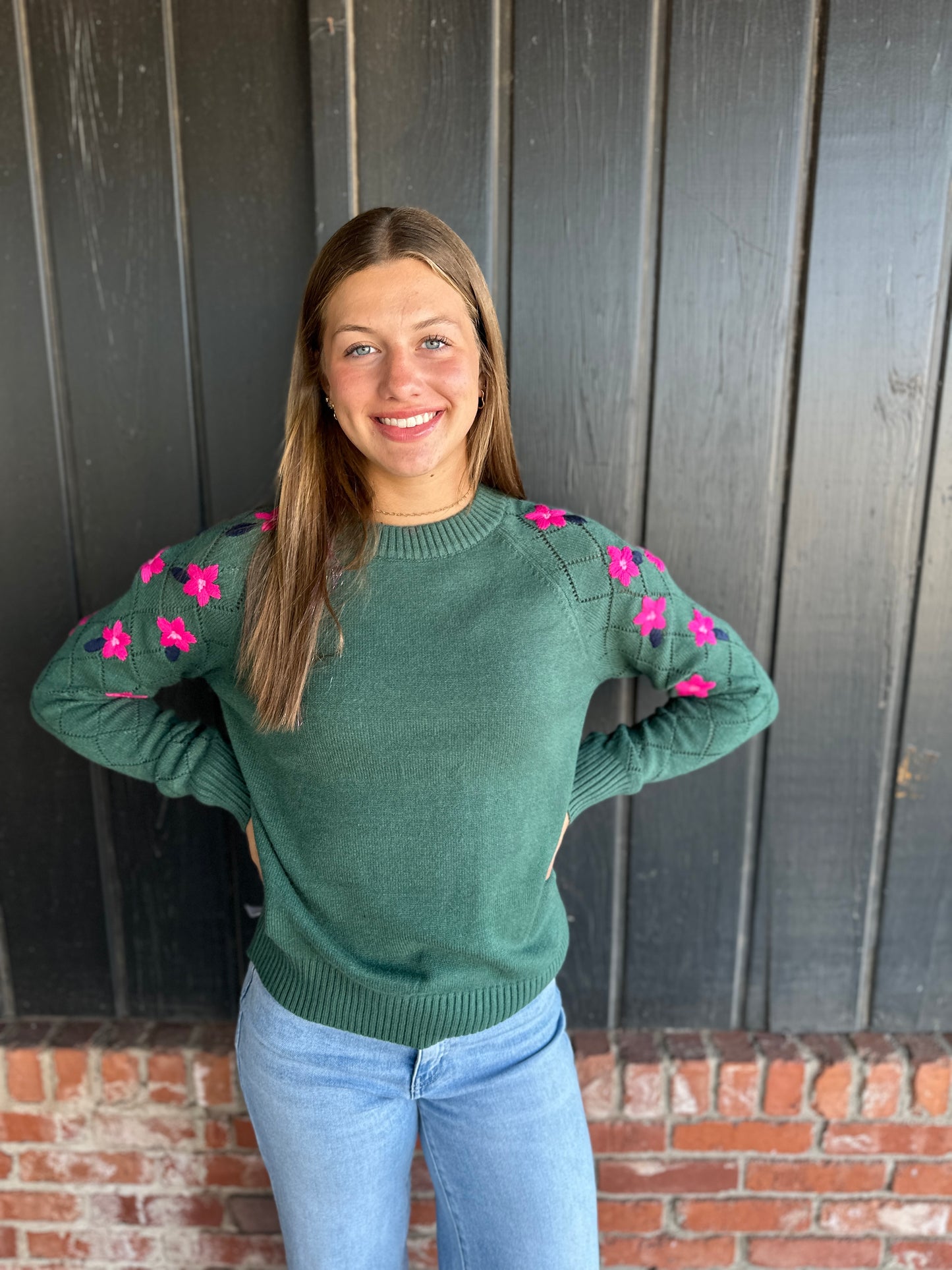 Green Floral Embroidery Bubble Sleeve Sweater
