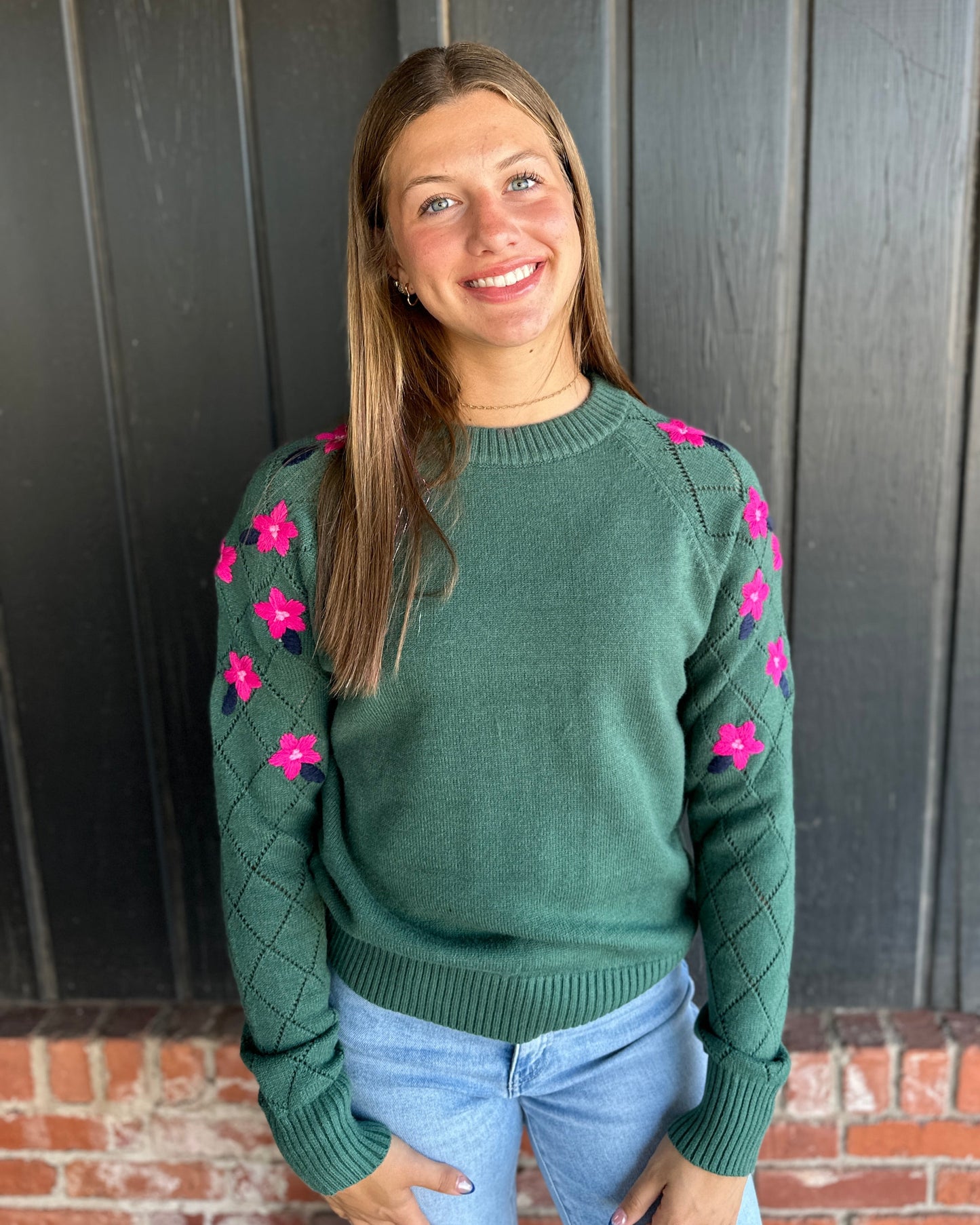 Green Floral Embroidery Bubble Sleeve Sweater