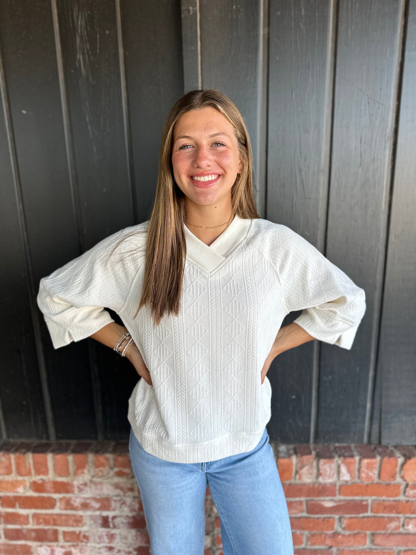 Ecru V Neck Textured Top