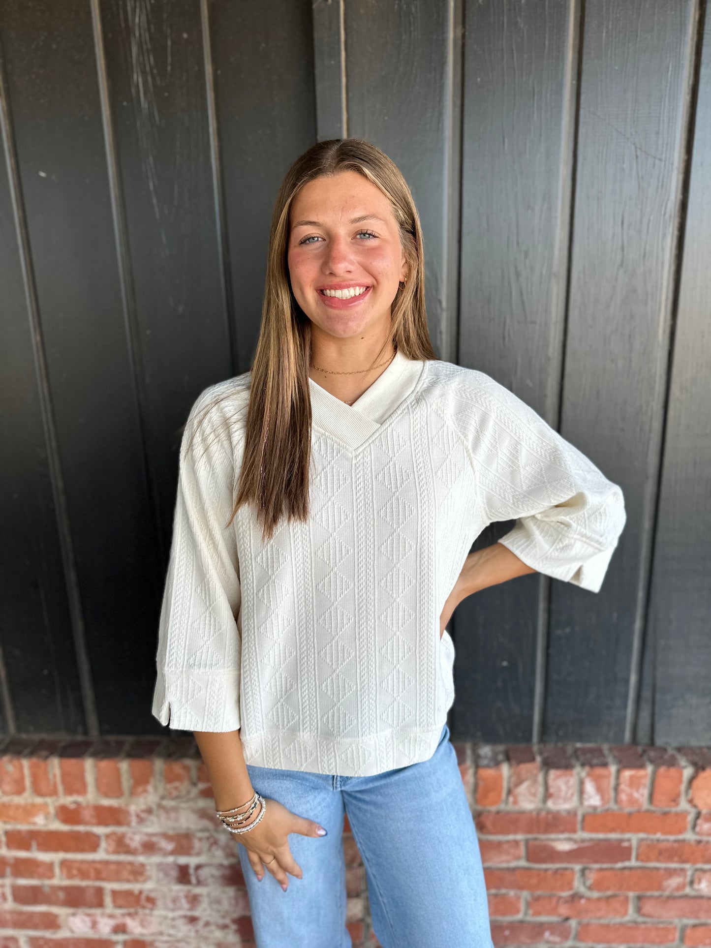 Ecru V Neck Textured Top