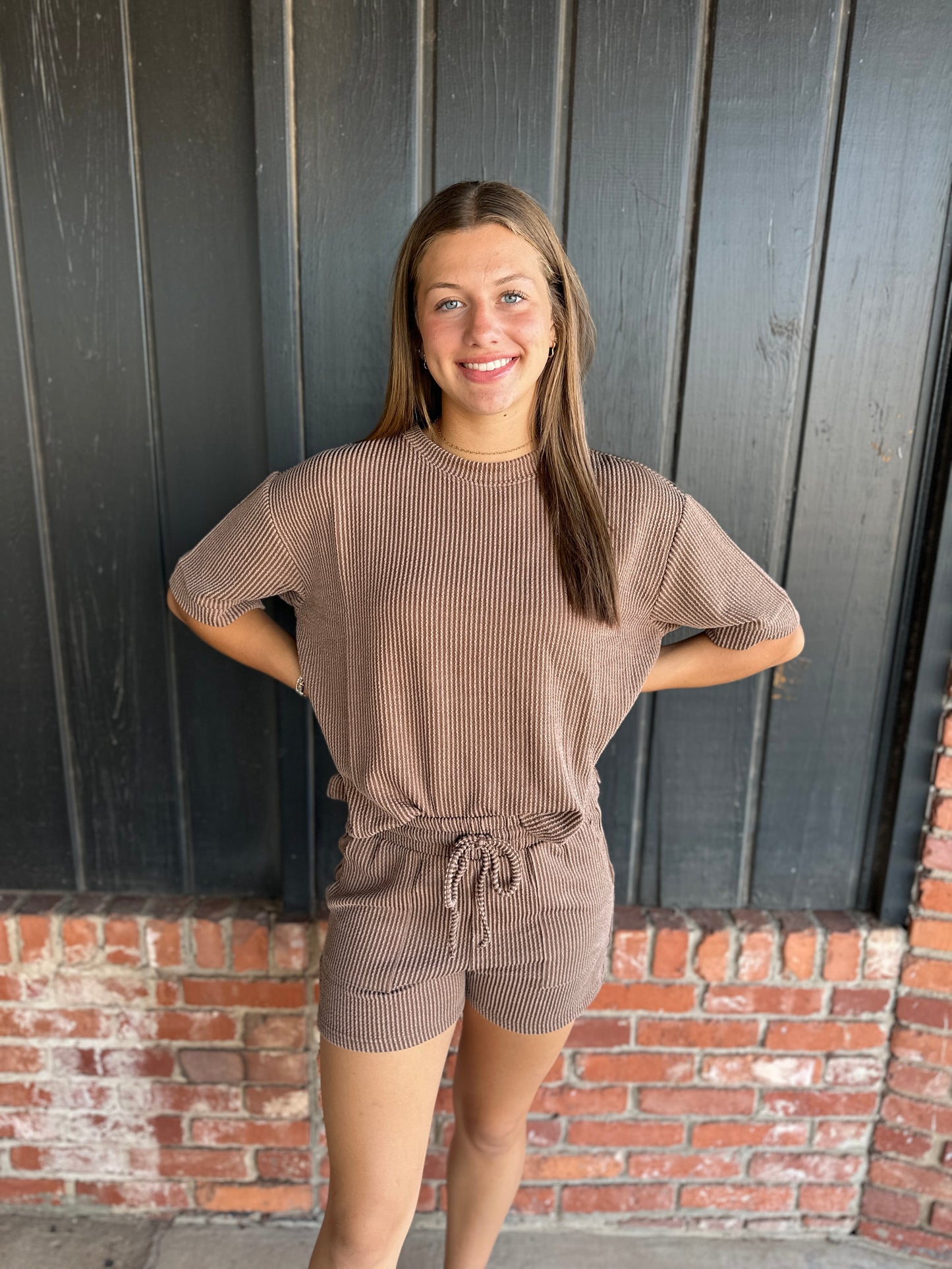 Brown Ribbed Short Set