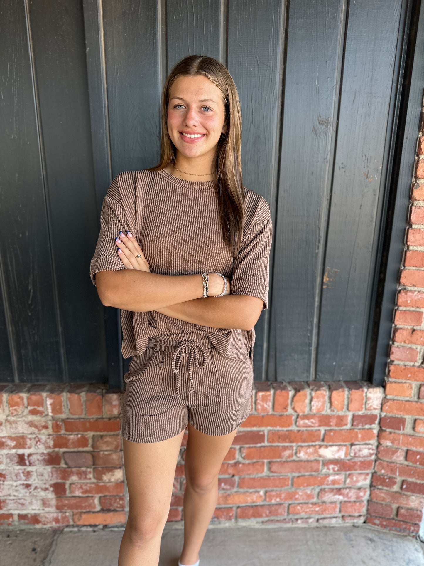 Brown Ribbed Short Set
