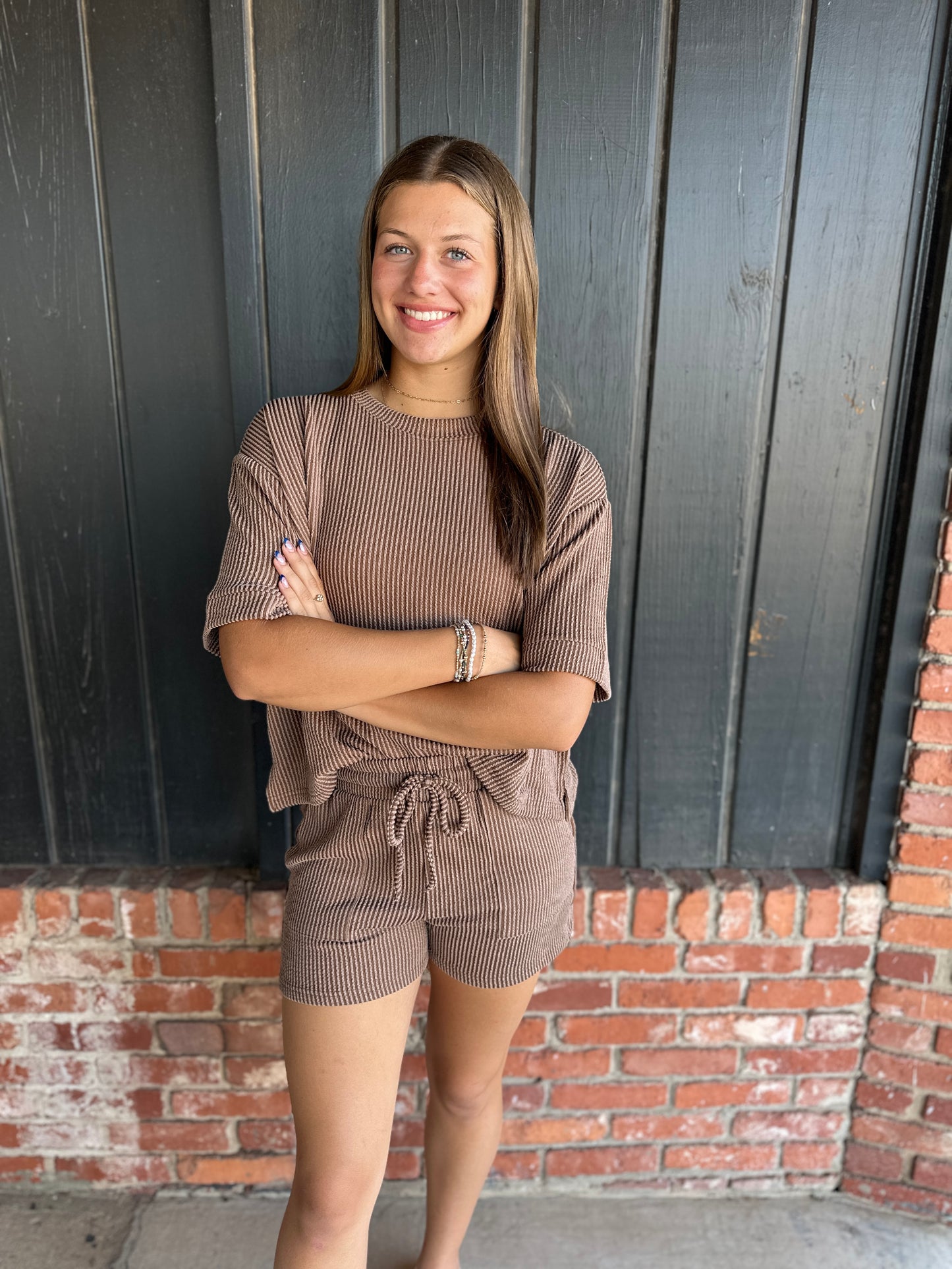 Brown Ribbed Short Set
