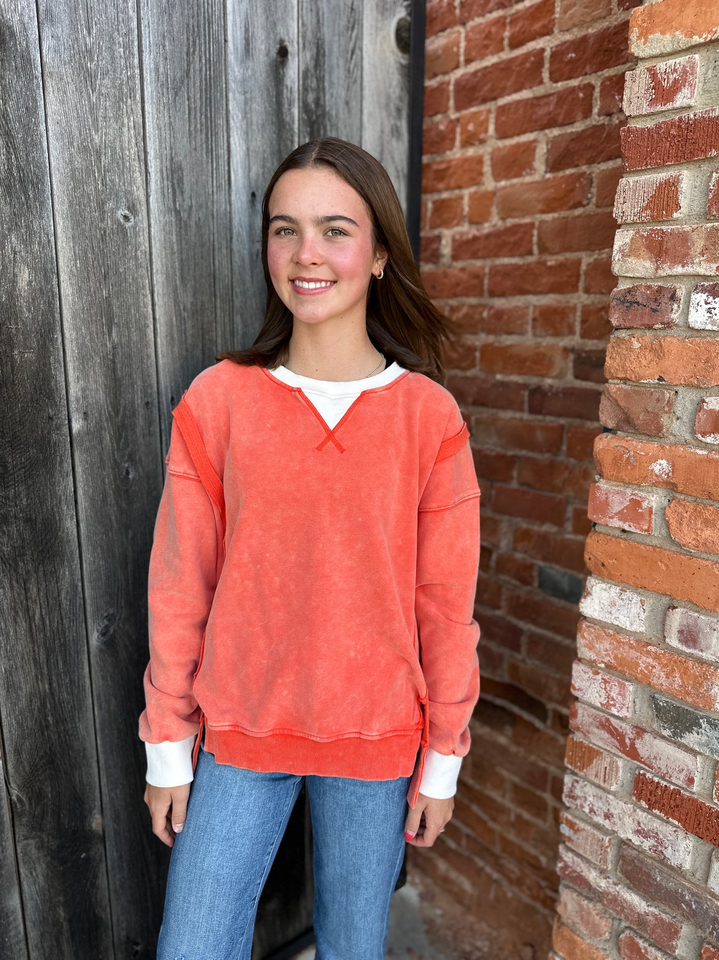 Orange Color Block Snow Wash Oversized Sweatshirt