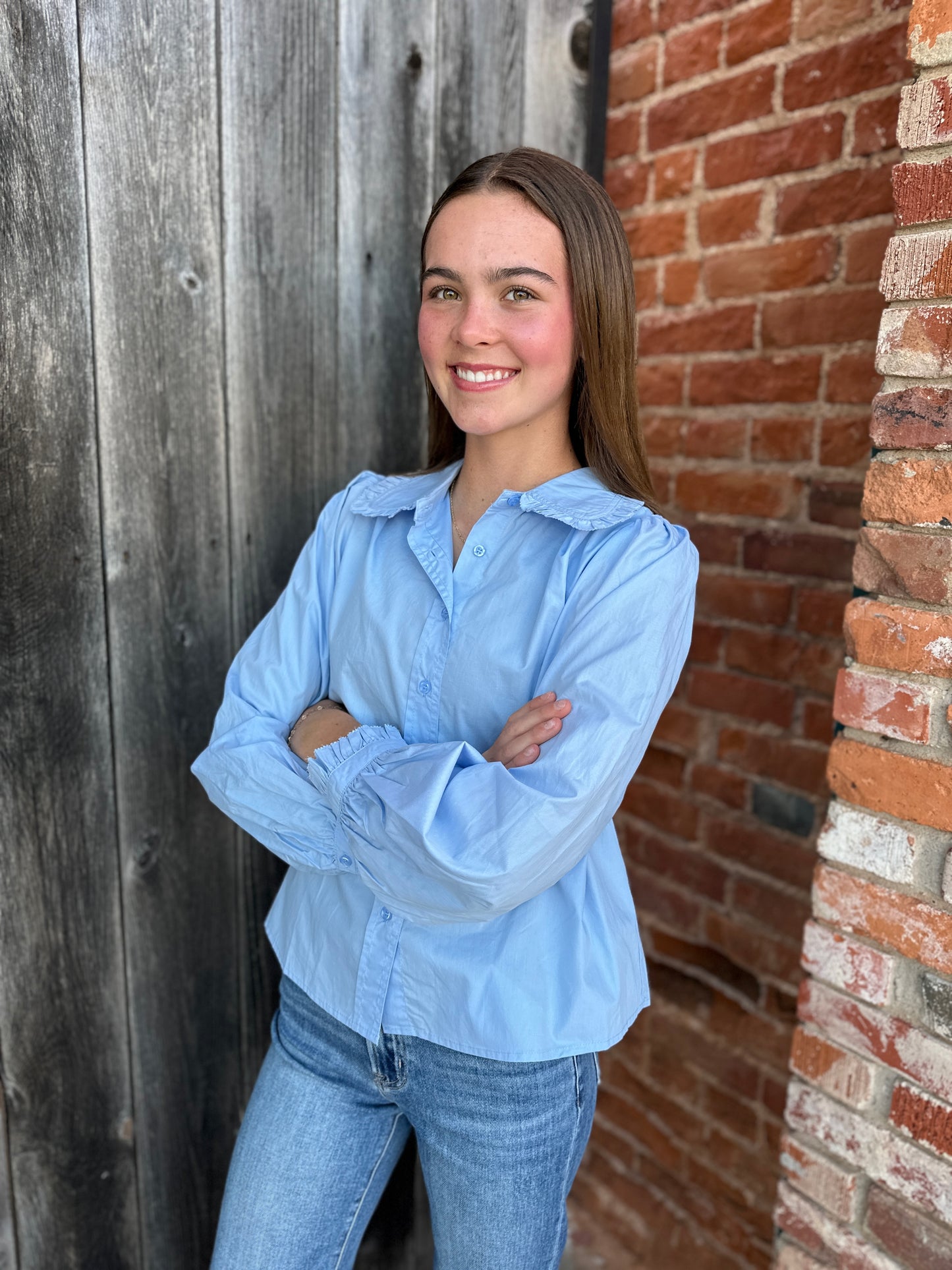 Chambray Ruffle Cuffed Long Sleeve Top