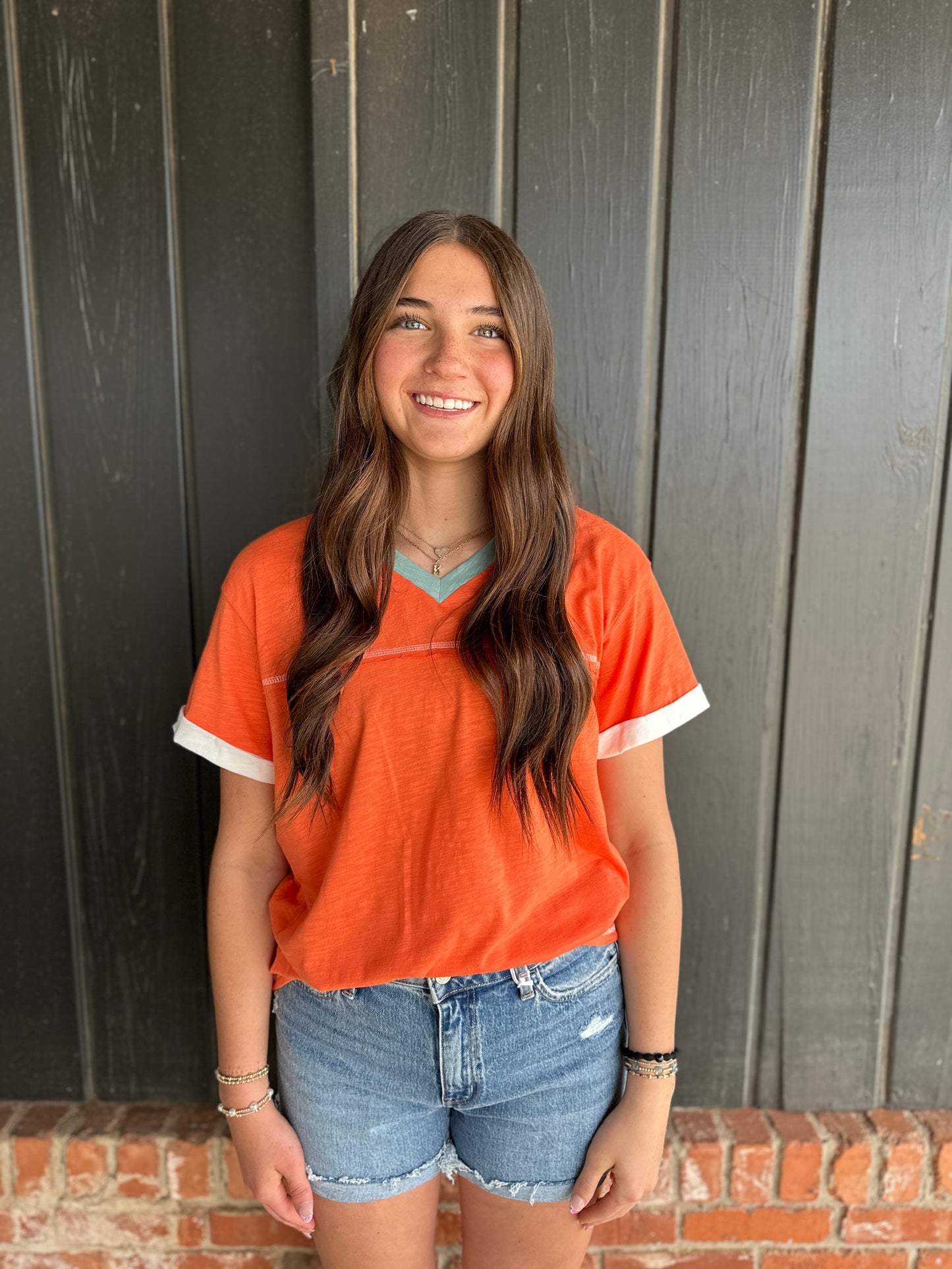 Grapefruit Orange Contrast Trim Exposed Seam V Neck T-Shirt