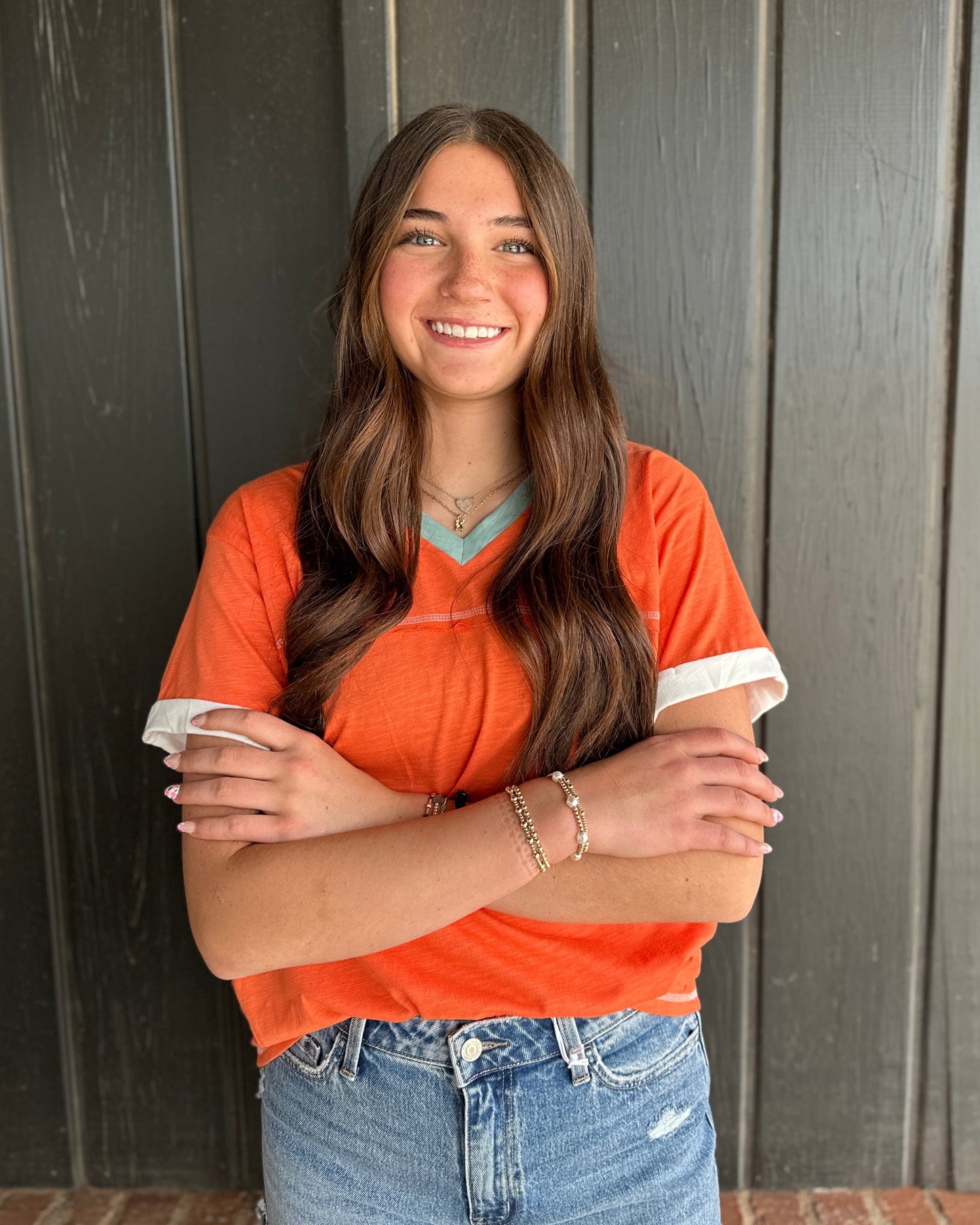 Grapefruit Orange Contrast Trim Exposed Seam V Neck T-Shirt