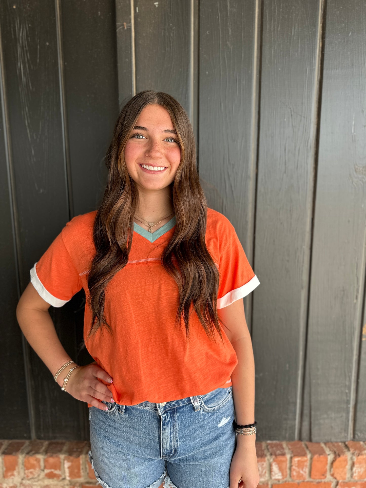 Grapefruit Orange Contrast Trim Exposed Seam V Neck T-Shirt