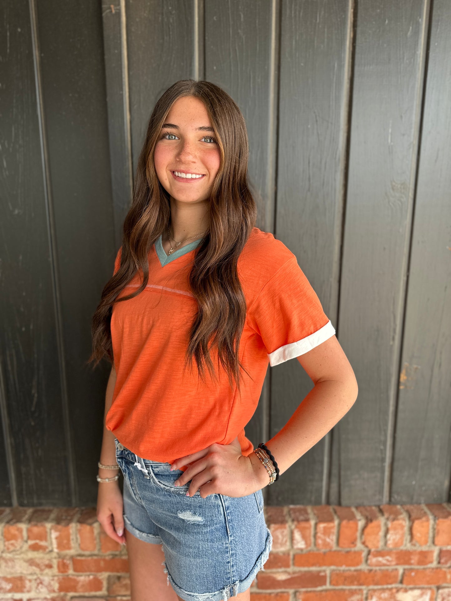 Grapefruit Orange Contrast Trim Exposed Seam V Neck T-Shirt