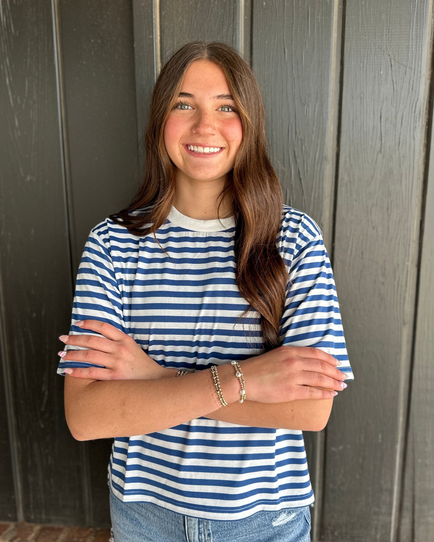 Blue Crew Neck Short Sleeve Striped Knit T-Shirt Top