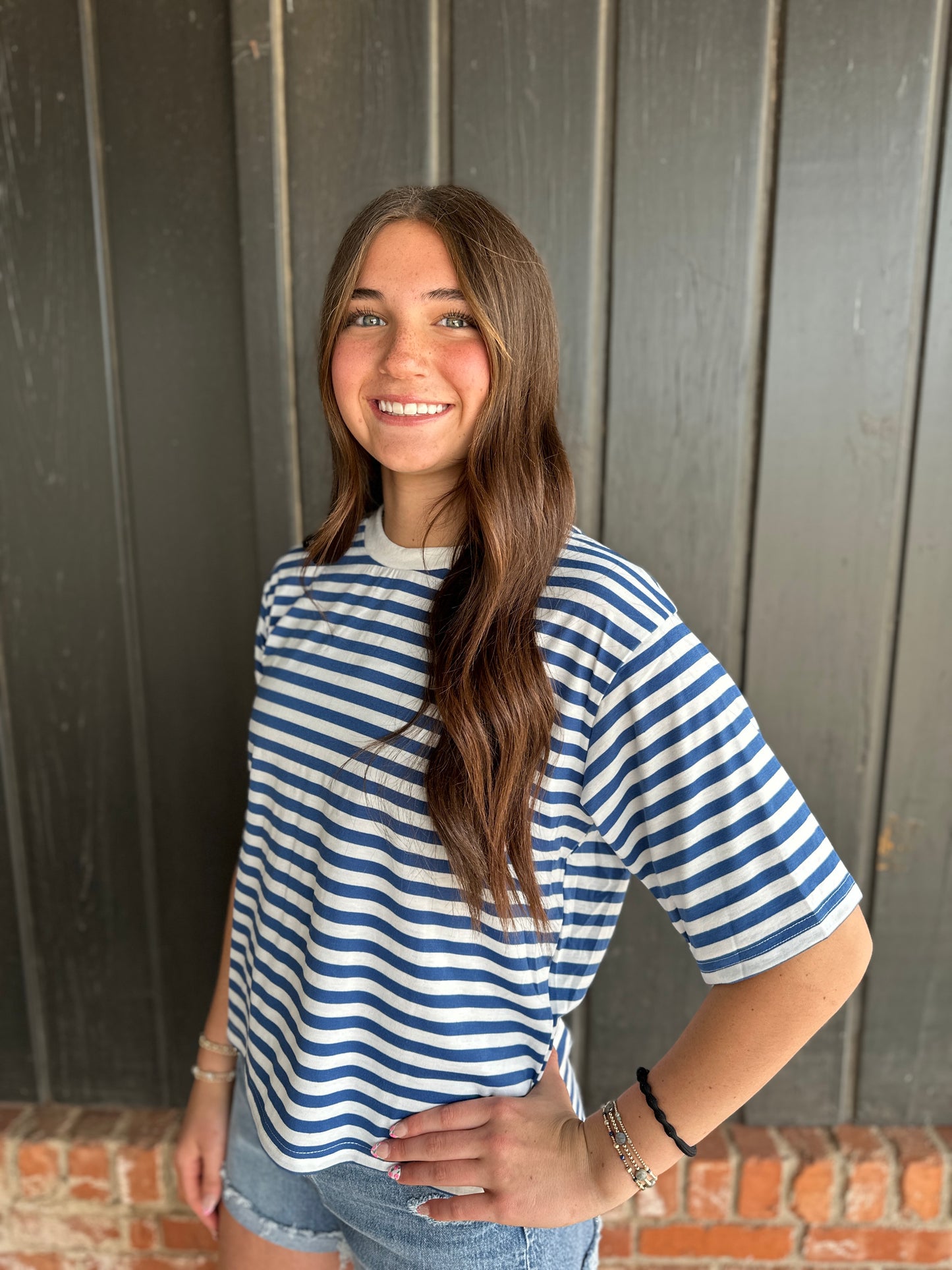 Blue Crew Neck Short Sleeve Striped Knit T-Shirt Top