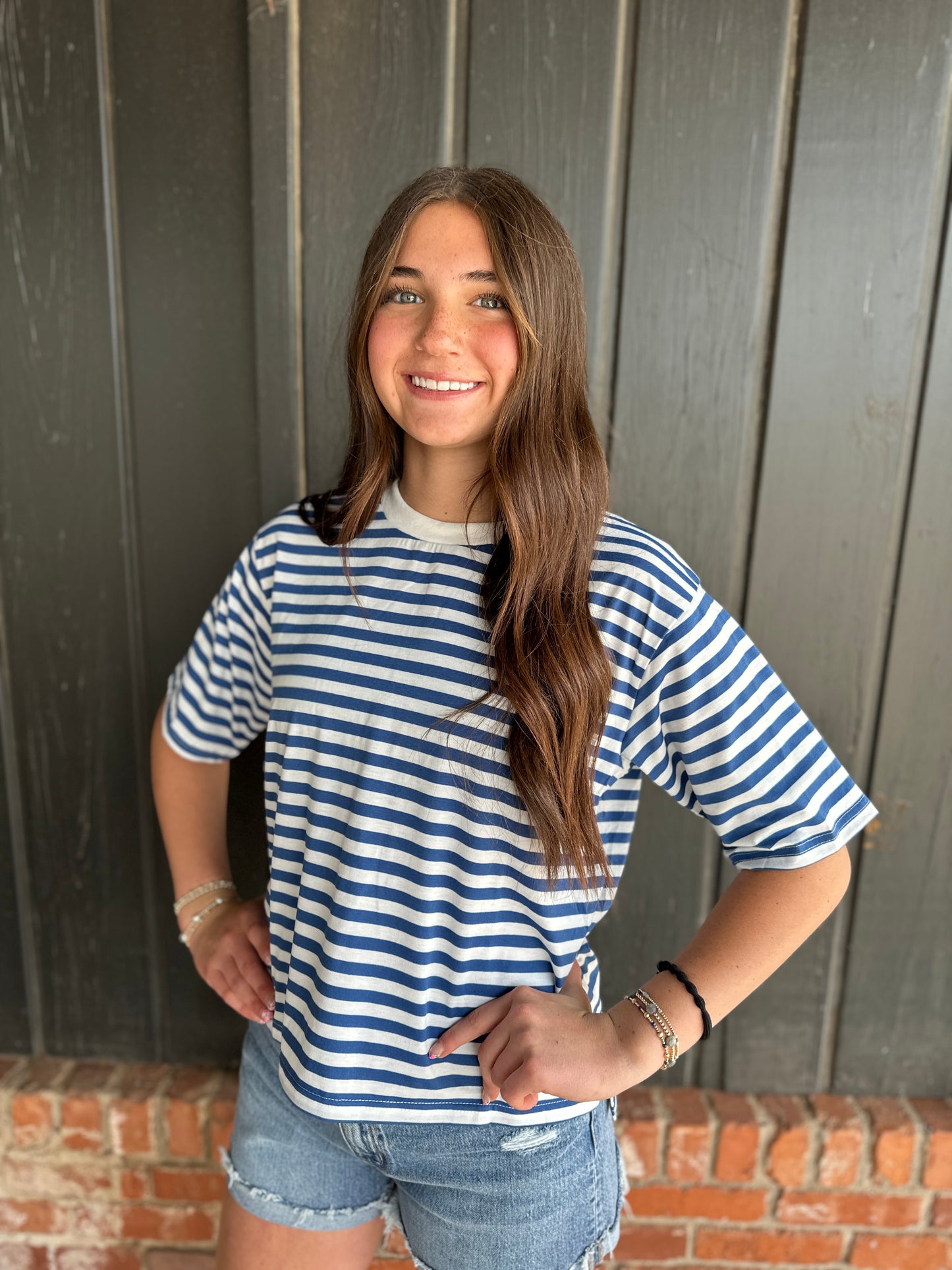 Blue Crew Neck Short Sleeve Striped Knit T-Shirt Top