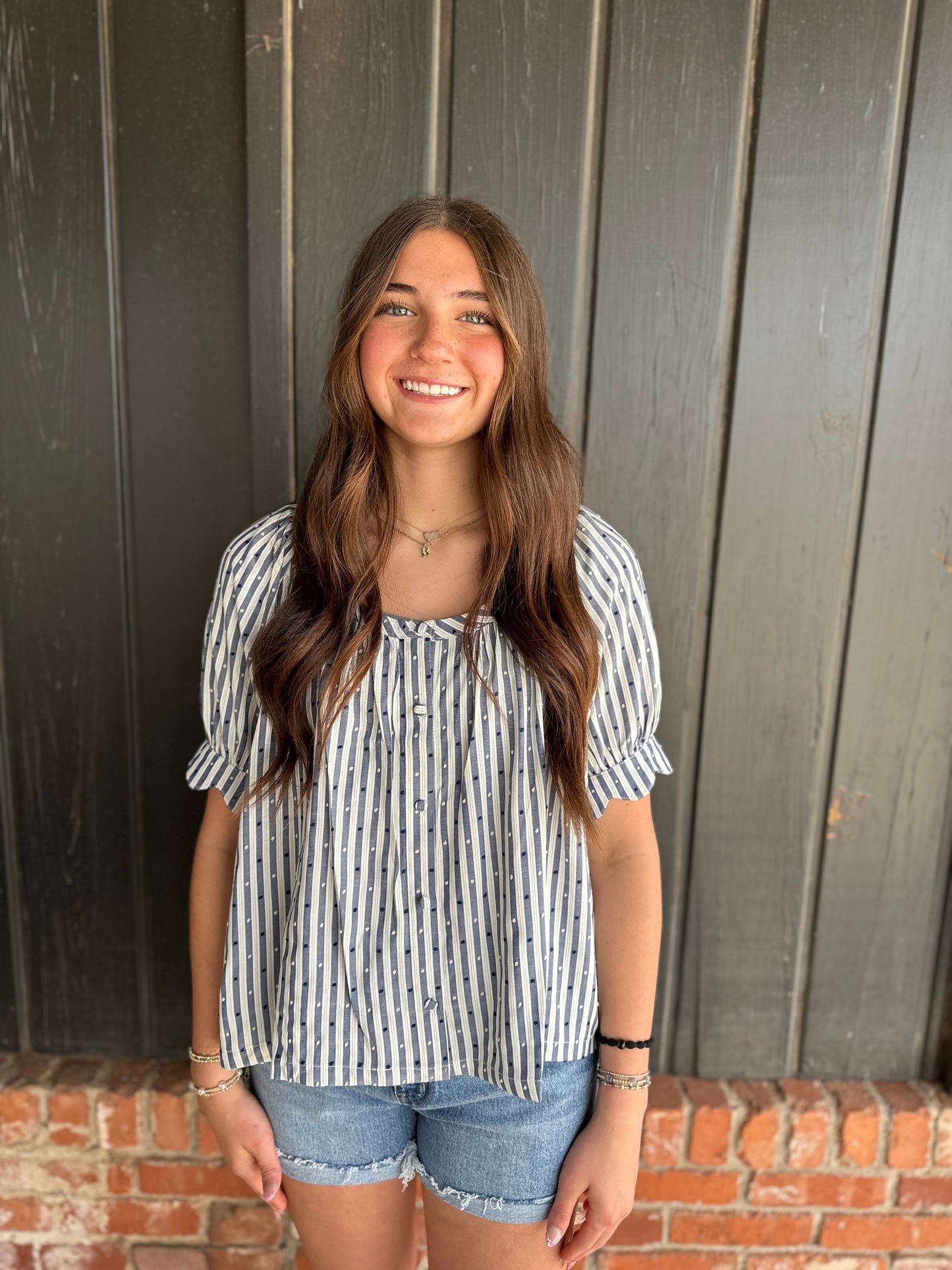 Navy Swiss Dot And Striped Round Neck Blouse