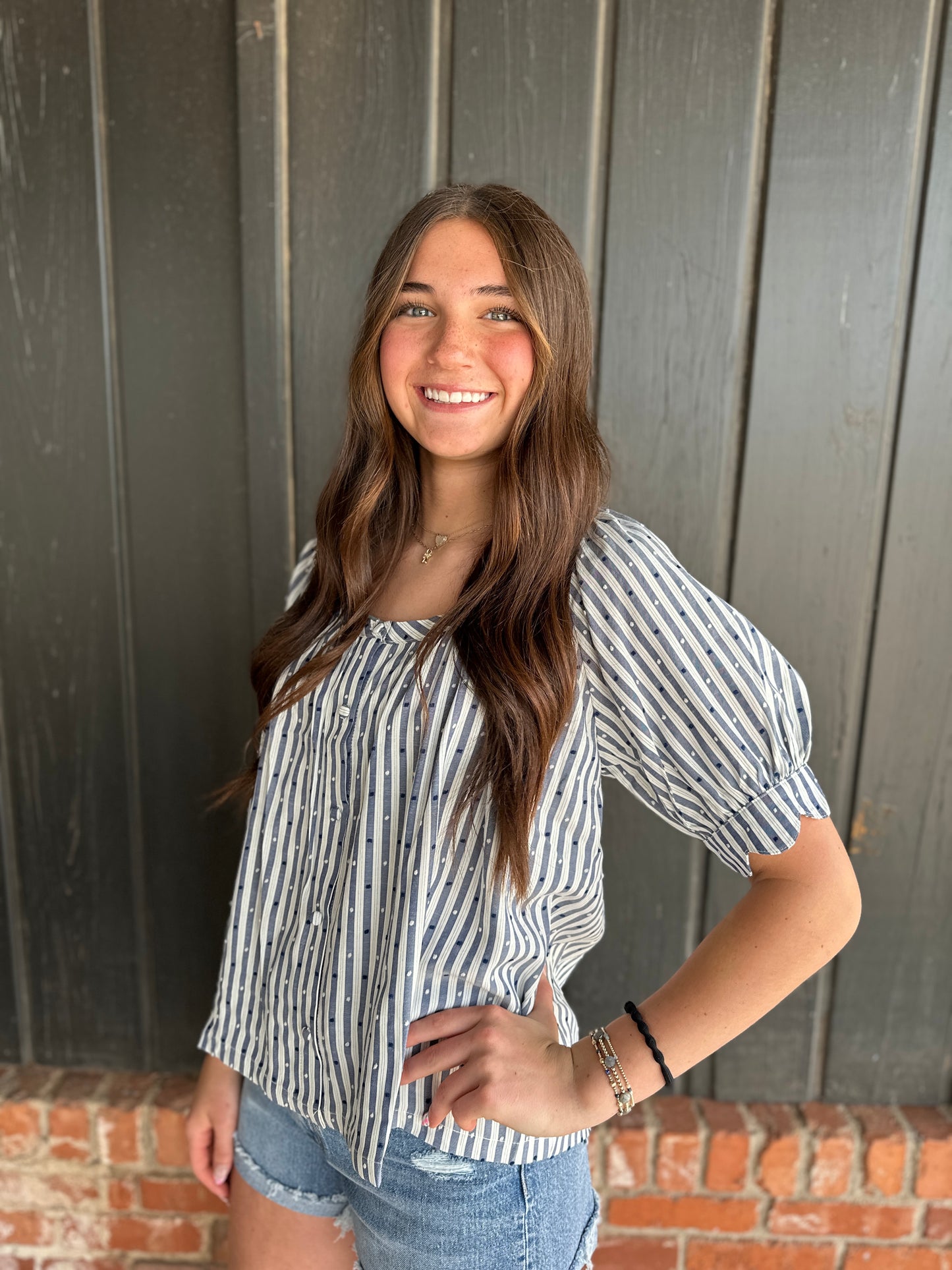 Navy Swiss Dot And Striped Round Neck Blouse