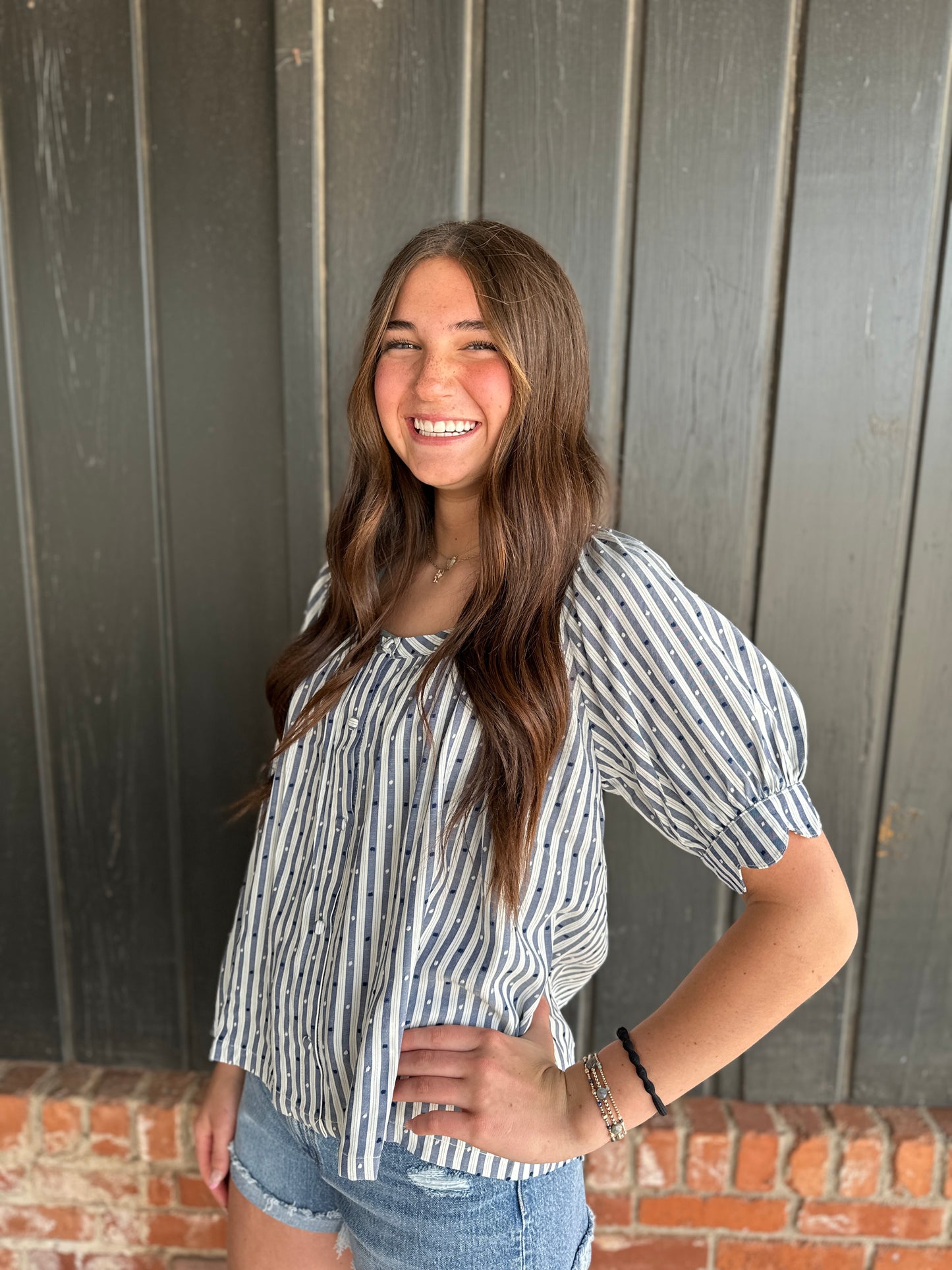 Navy Swiss Dot And Striped Round Neck Blouse