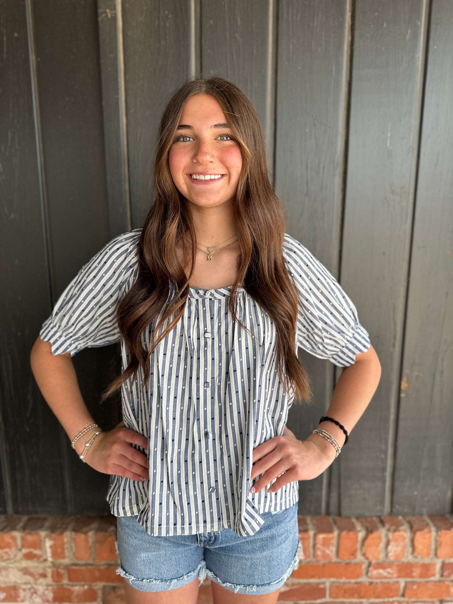 Navy Swiss Dot And Striped Round Neck Blouse