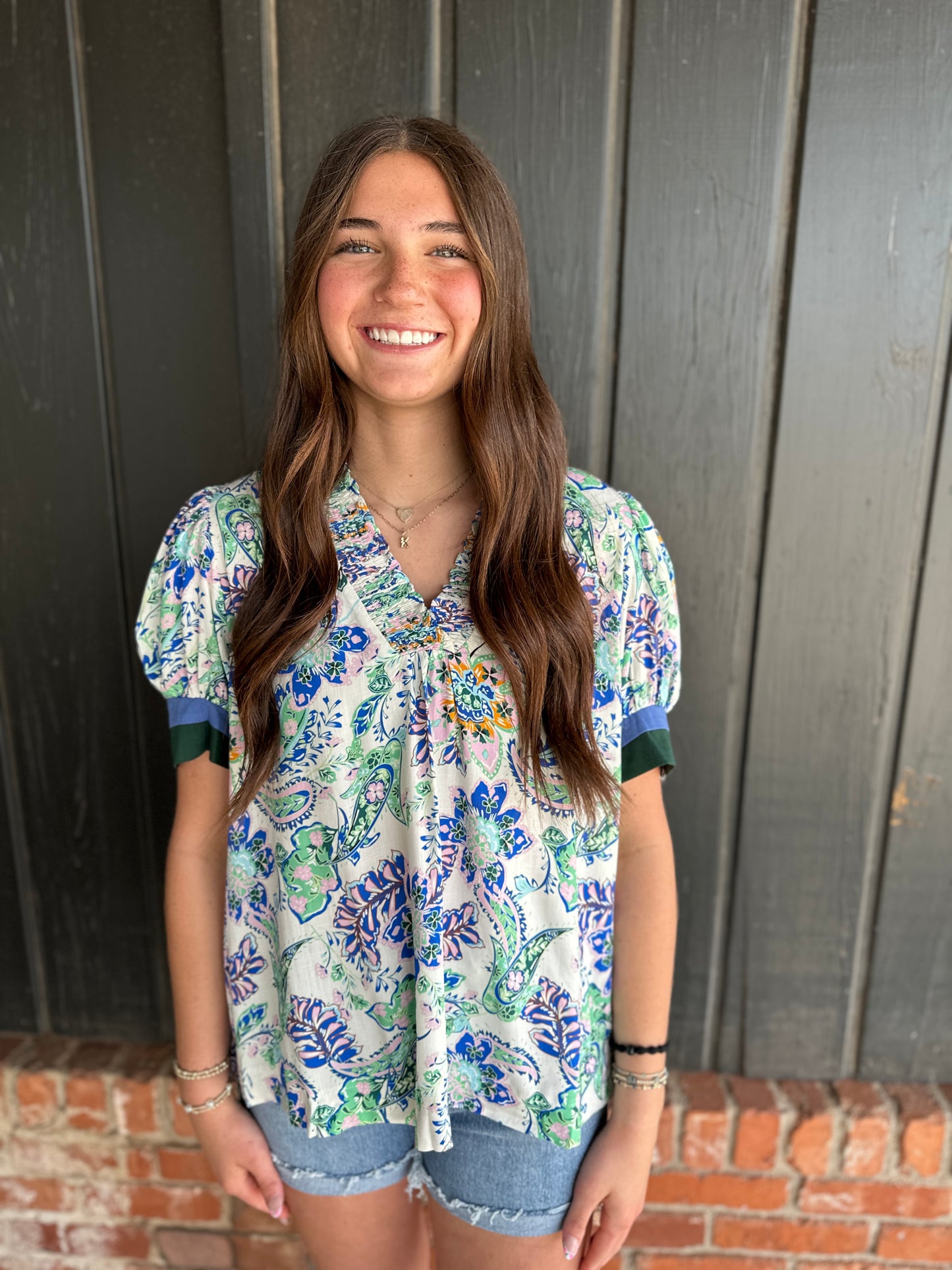 Green Mix Pattern Short Sleeve Top