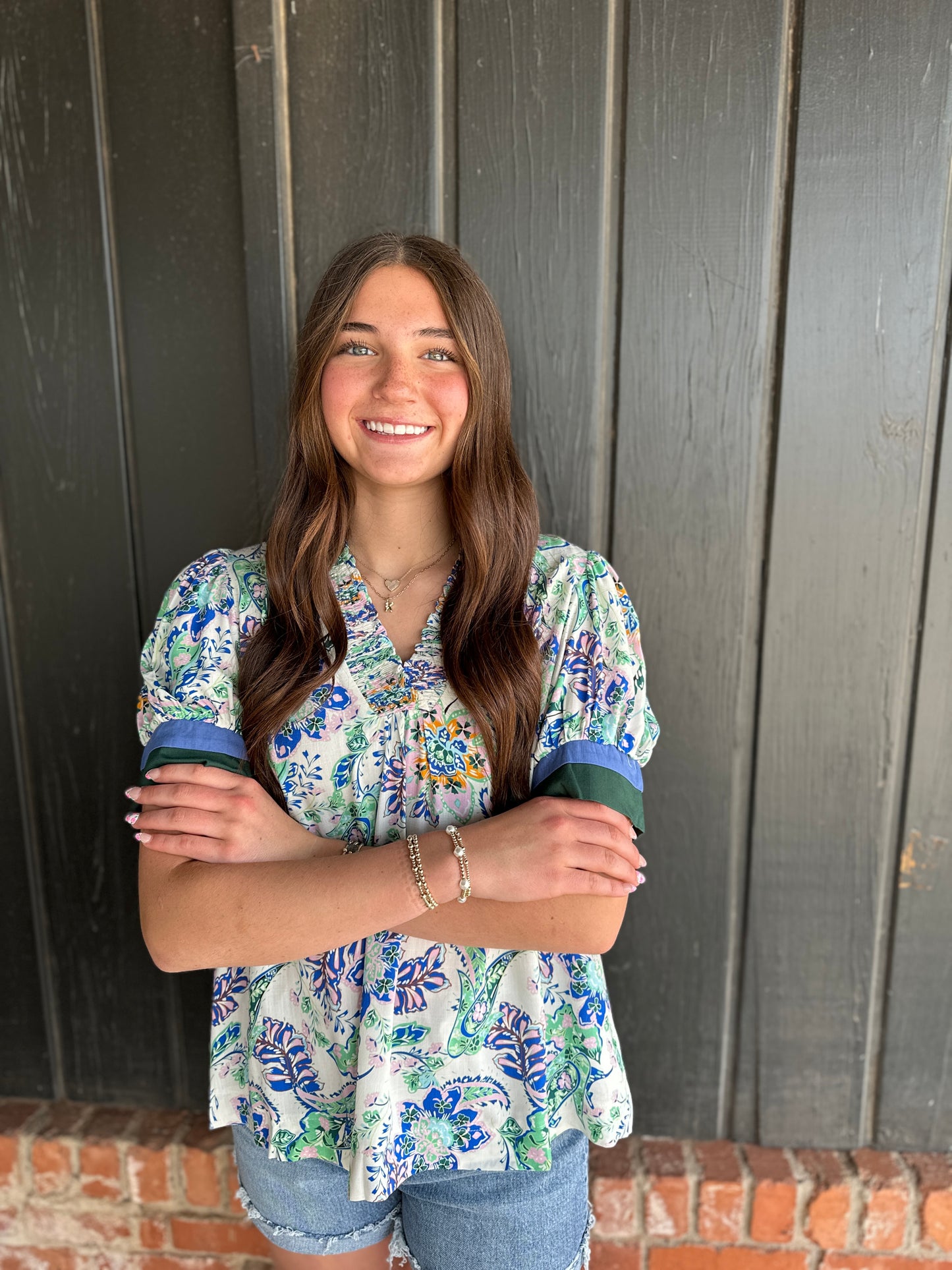 Green Mix Pattern Short Sleeve Top